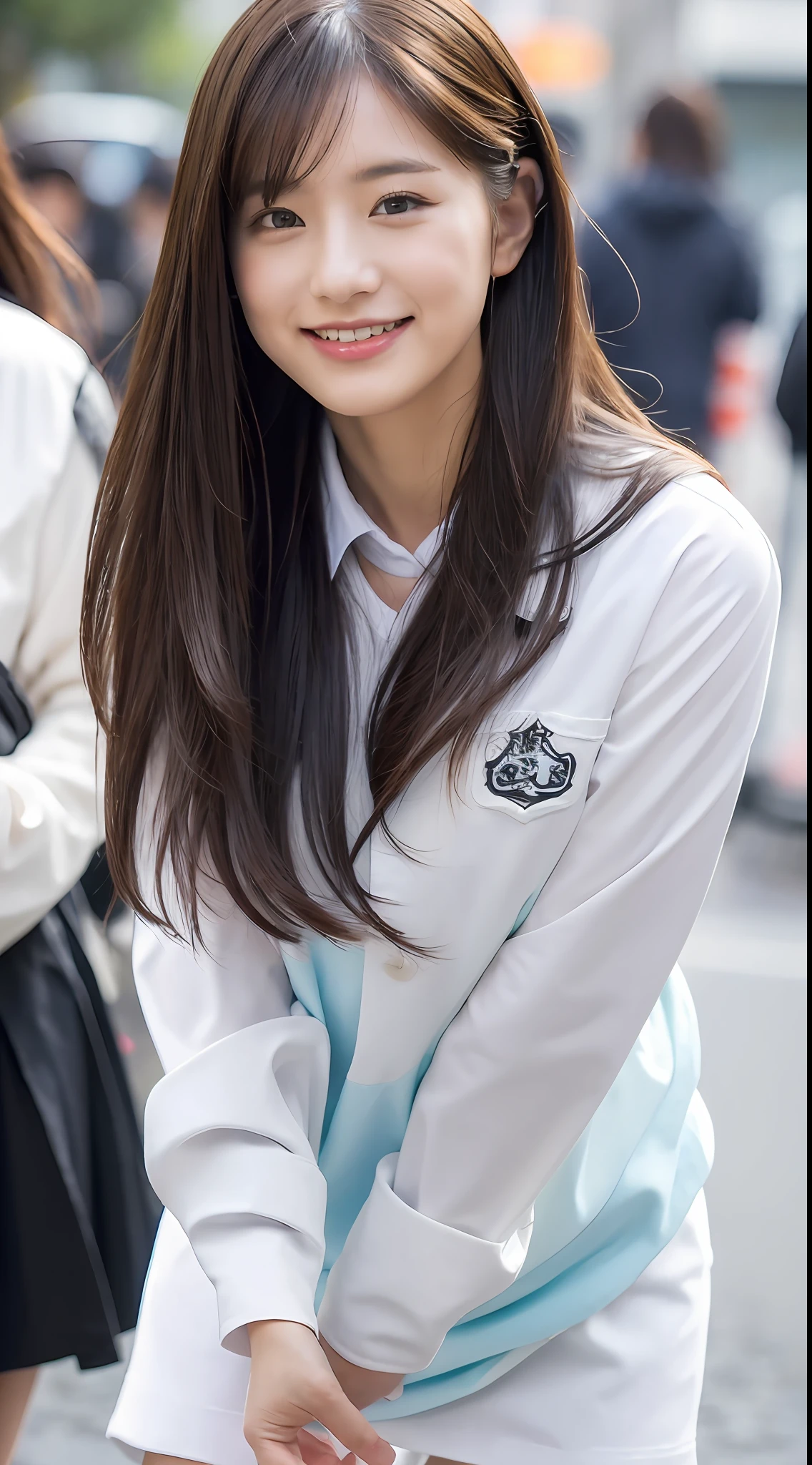 ((best qualtiy, 8k, tmasterpiece:1.3)), Focus:1.2, perfect figure beautiful woman:1.4, Cocked buttocks:1.2, ((long whitr hair)), (wetclothes:1.1) , (Rain, Street:1.3), Japan High School Uniform:1.1, Highly detailed facial and skin texture, A detailed eye, 二重まぶた,Cocked buttocks,Whiten skin,ssmile,Plain background