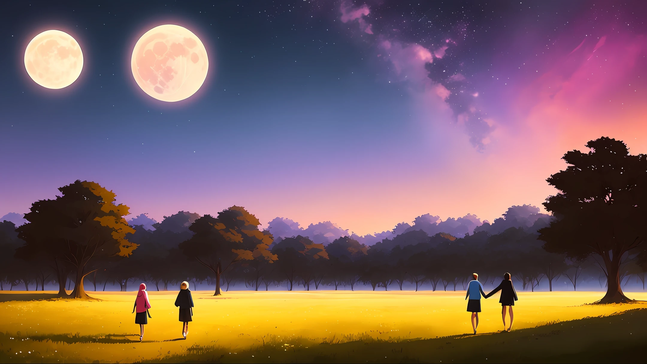 anime scene of two people walking in a field under a full moon, cyril rolando and m.w kaluta, cyril rolando and m. w kaluta, cosmic skies. by makoto shinkai, makoto shinkai cyril rolando, dreamy art, detailed dreamscape, dreamy psychedelic anime, intricate and epic composition, looking out into the cosmos