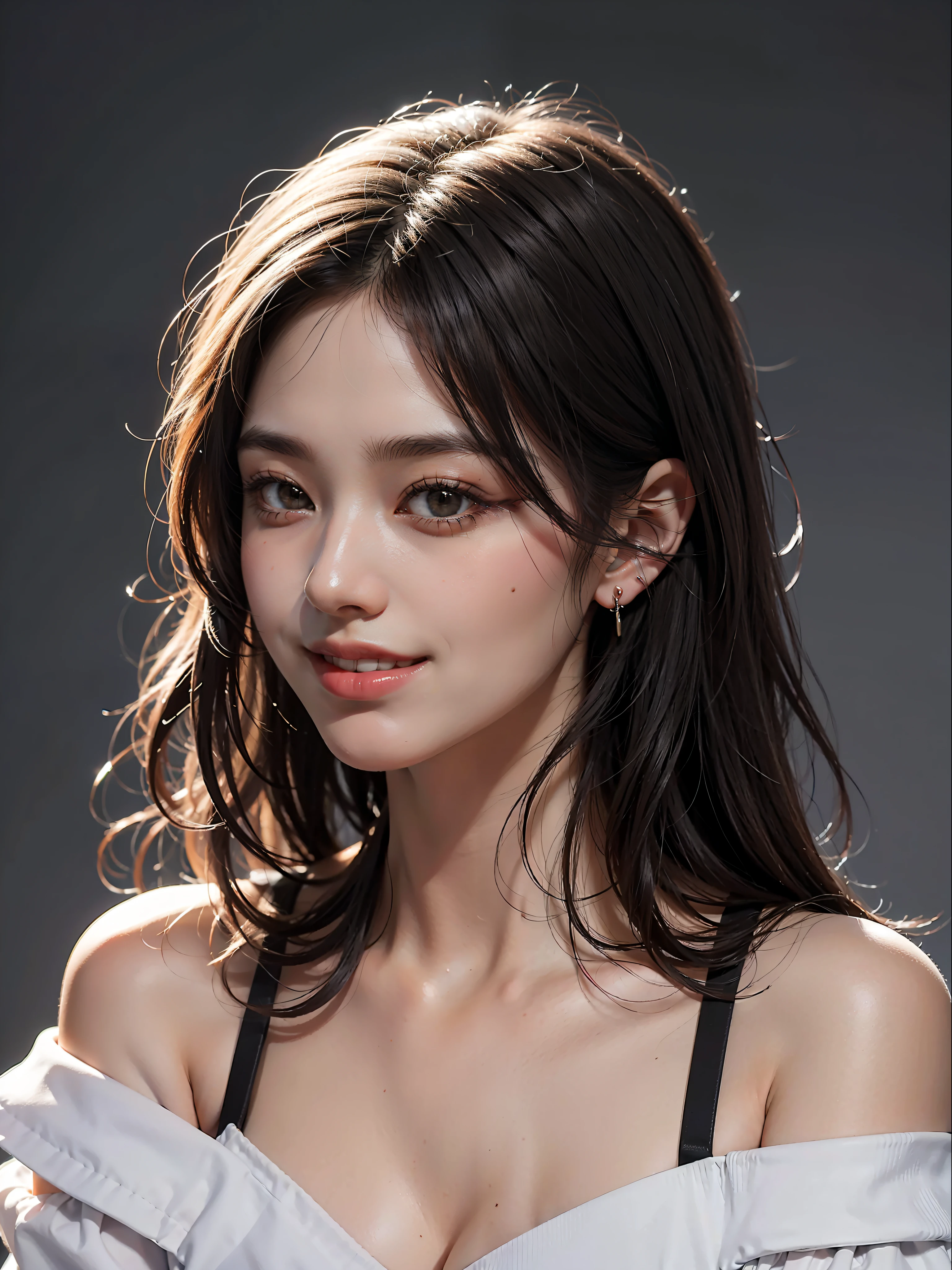 best quality, masterpiece, ultra high res, photorealistic, 1girl, offshoulder, smile