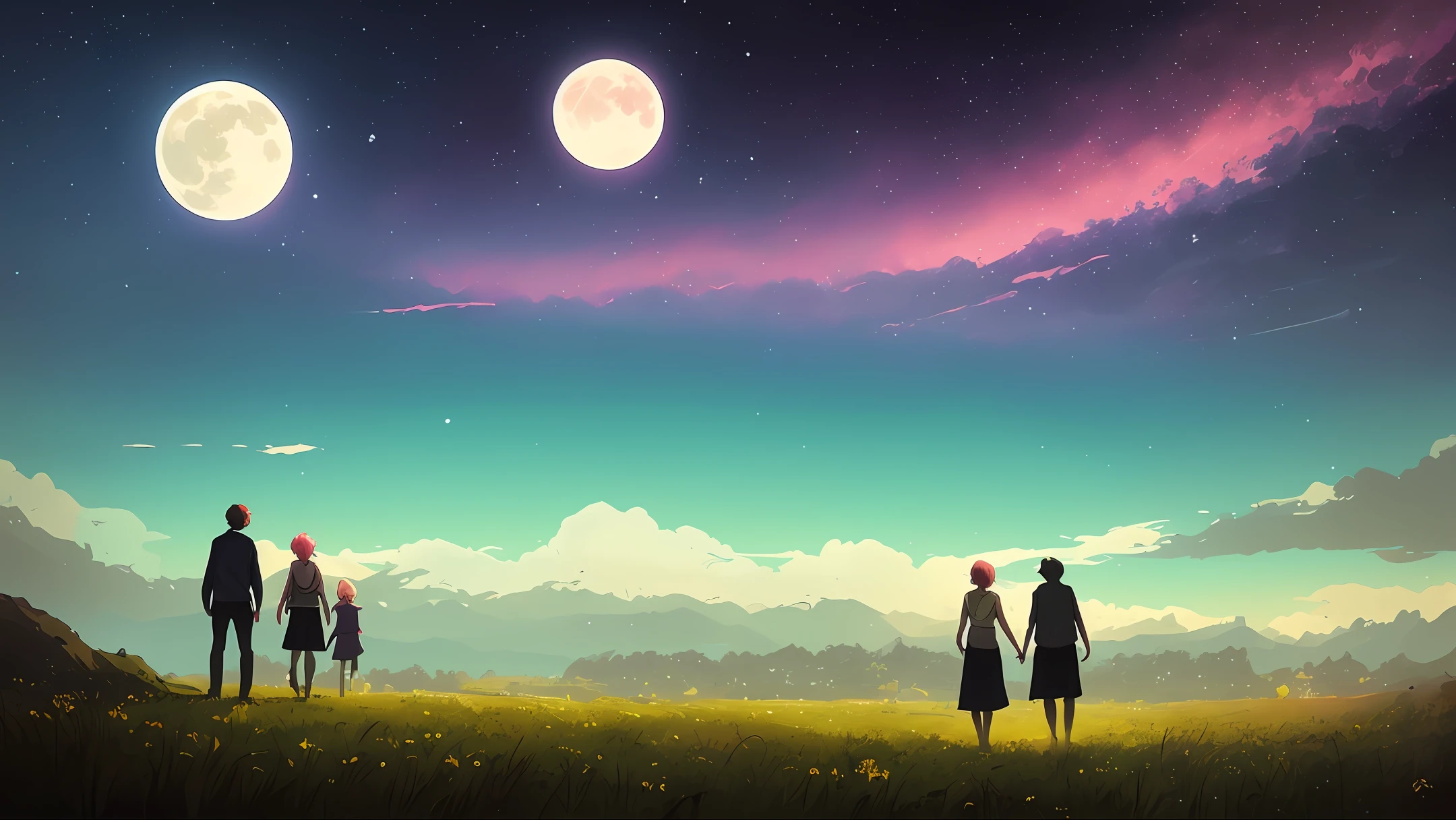 anime scene of two people walking in a field under a full moon, cyril rolando and m.w kaluta, cyril rolando and m. w kaluta, cosmic skies. by makoto shinkai, makoto shinkai cyril rolando, dreamy art, detailed dreamscape, dreamy psychedelic anime, intricate and epic composition, looking out into the cosmos