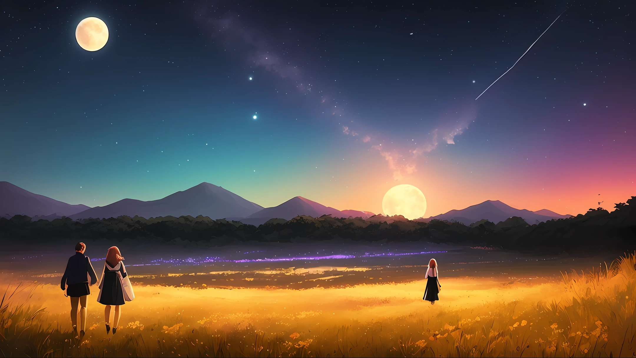 anime scene of two people walking in a field under a full moon, cyril rolando and m.w kaluta, cyril rolando and m. w kaluta, cosmic skies. by makoto shinkai, makoto shinkai cyril rolando, dreamy art, detailed dreamscape, dreamy psychedelic anime, intricate and epic composition, looking out into the cosmos