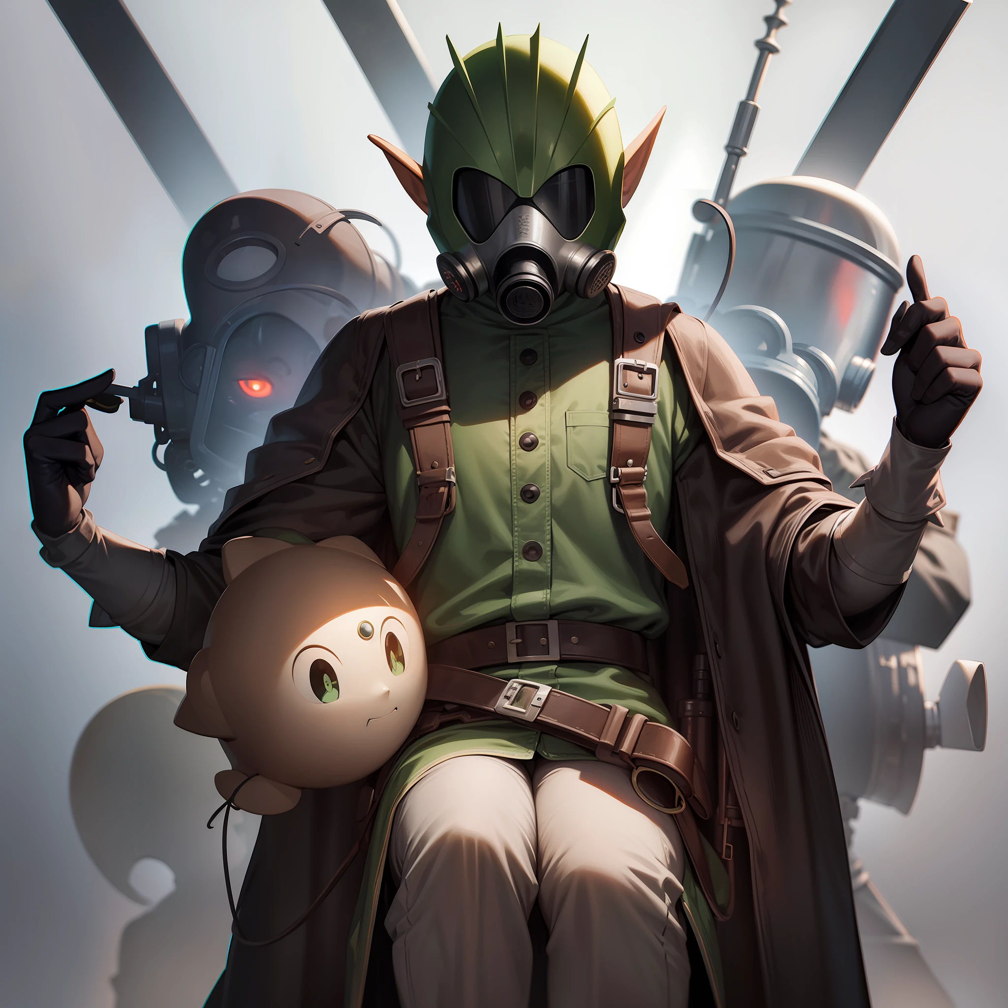 serious look elf, creepy, with gas mask, green dair