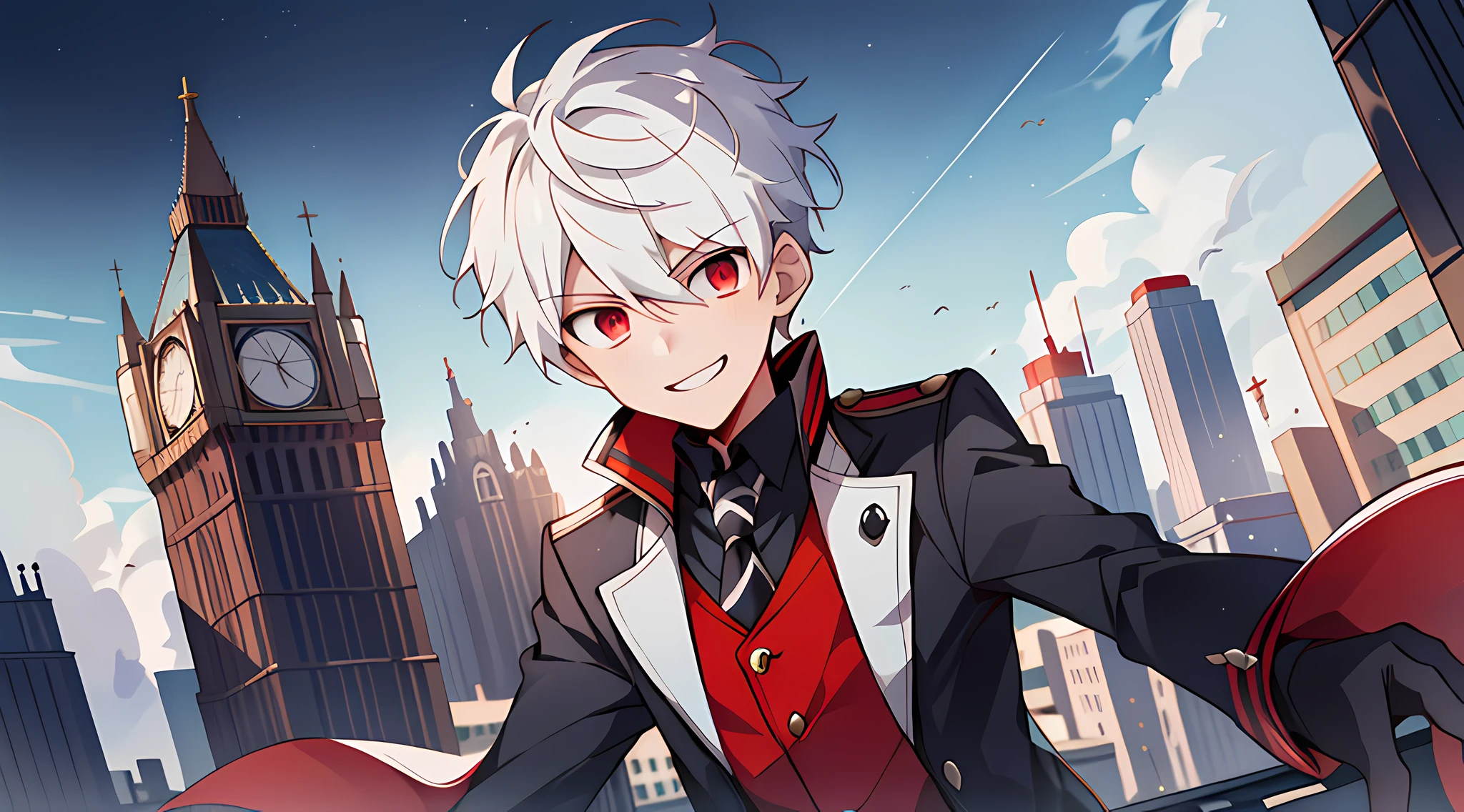 ((masterpiece)),(((best quality))), (high-quality, breathtaking), (expressive eyes, perfect face), 1boy, solo, male, short, young, small boy, short white hair, red eyes, on top of building, night sky, dark, buildings, phantom thief, wear short shorts, smirk