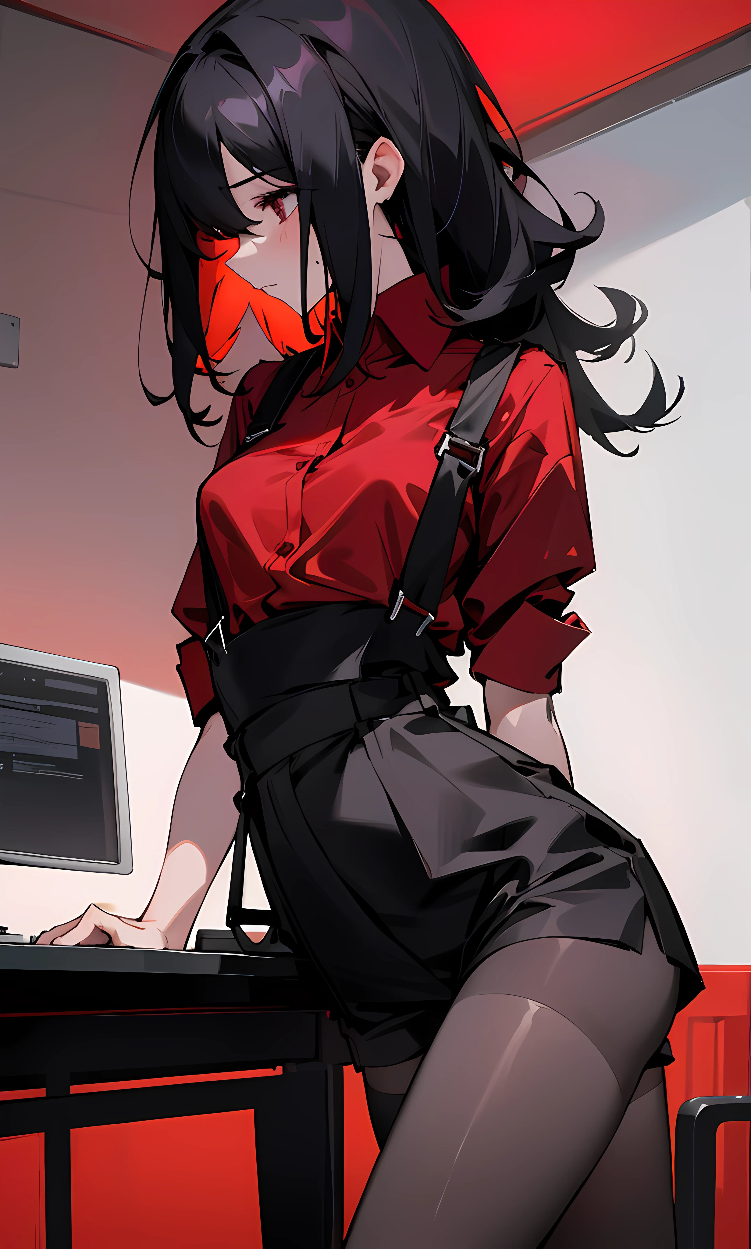 A girl,Red shirt on top,Black shorts on the bottom,blacksilk,Suspenders,Black color hair(Medium volume),HighestQuali, highly detailed ,Slender legs,office room