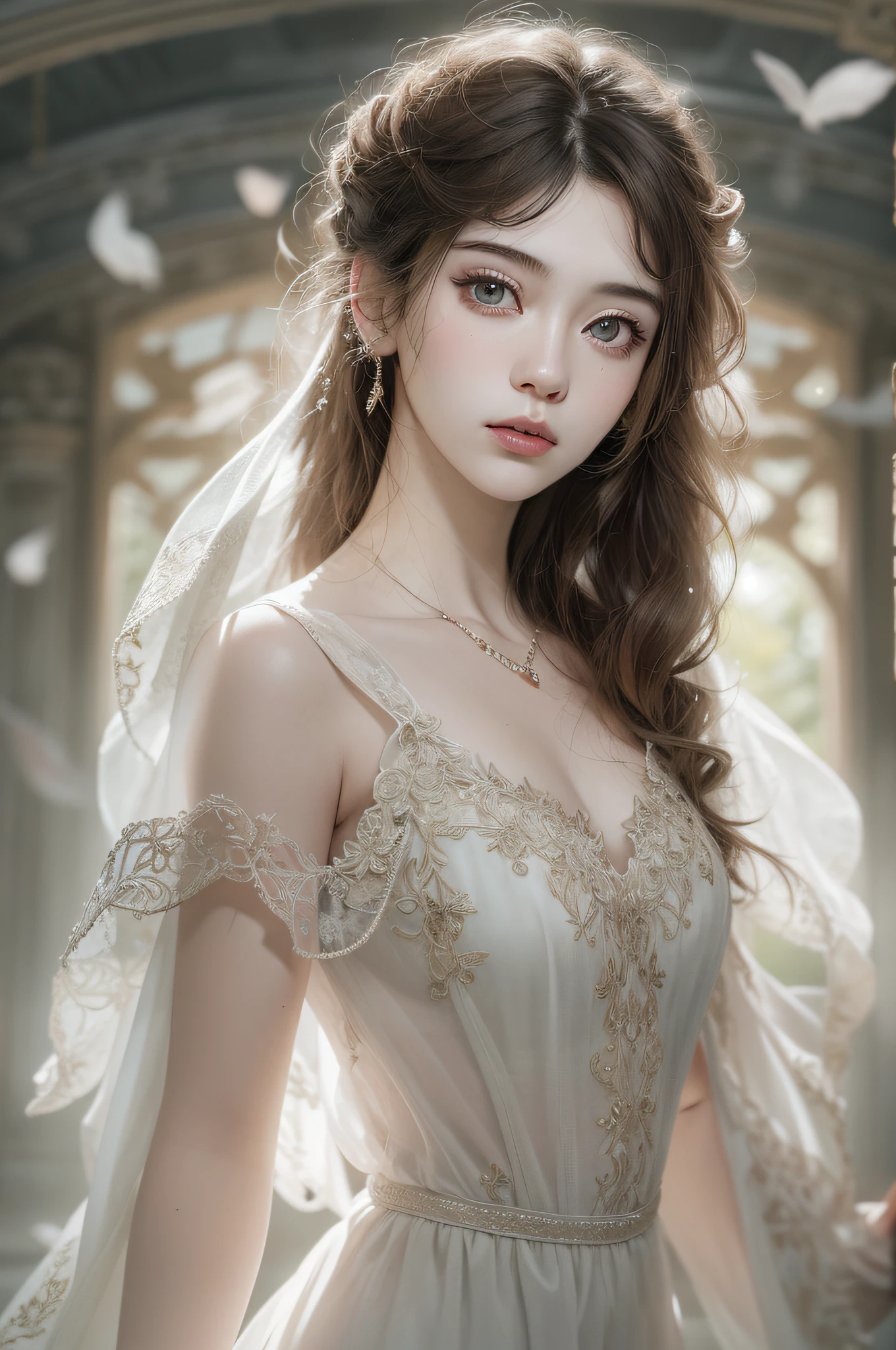 (masterpiece, ultra quality, high-res, 10, intricate: 1.2), (detailed face:1.2),so pretty, Detailed skin,Long hair,(Dark brown hair) pores, Absurd , whimsical, [Show your shoulders.],1 girl,A thin white dress., ((Realistic)), good lighting quality, korean girl, ((pale skin)), balanced eyes,Princess of the Wind