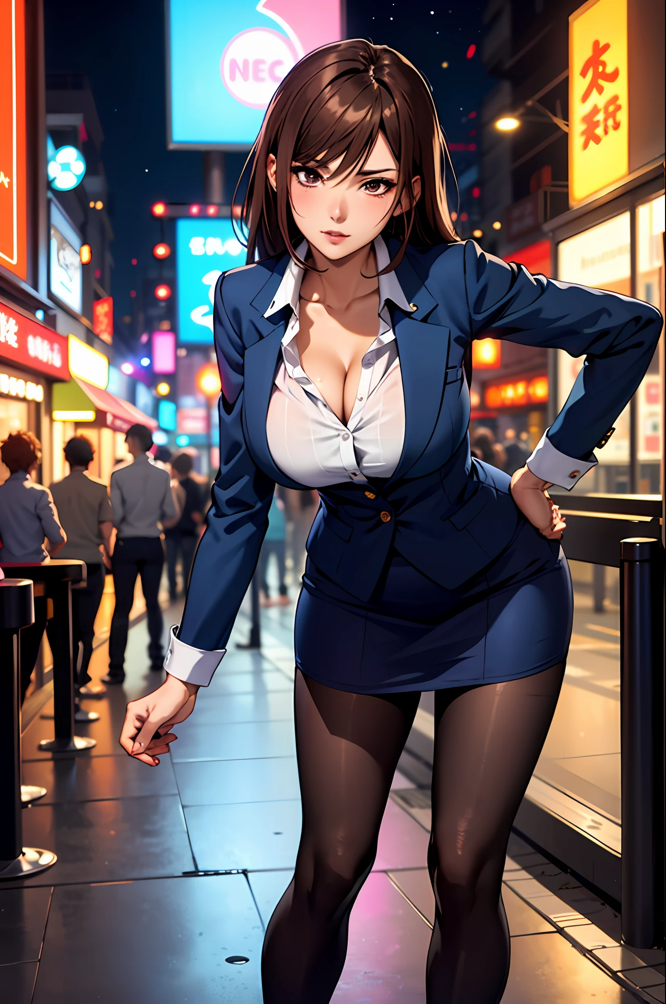 Bewitching anime busty woman in blue suit and tight skirt、Black tights,Inviting look、Show off your chest、Shirt and brown hair,Ecchi anime style,  bending forward,Kamimei,Red Light District at Night,neons、Bokeh in the background