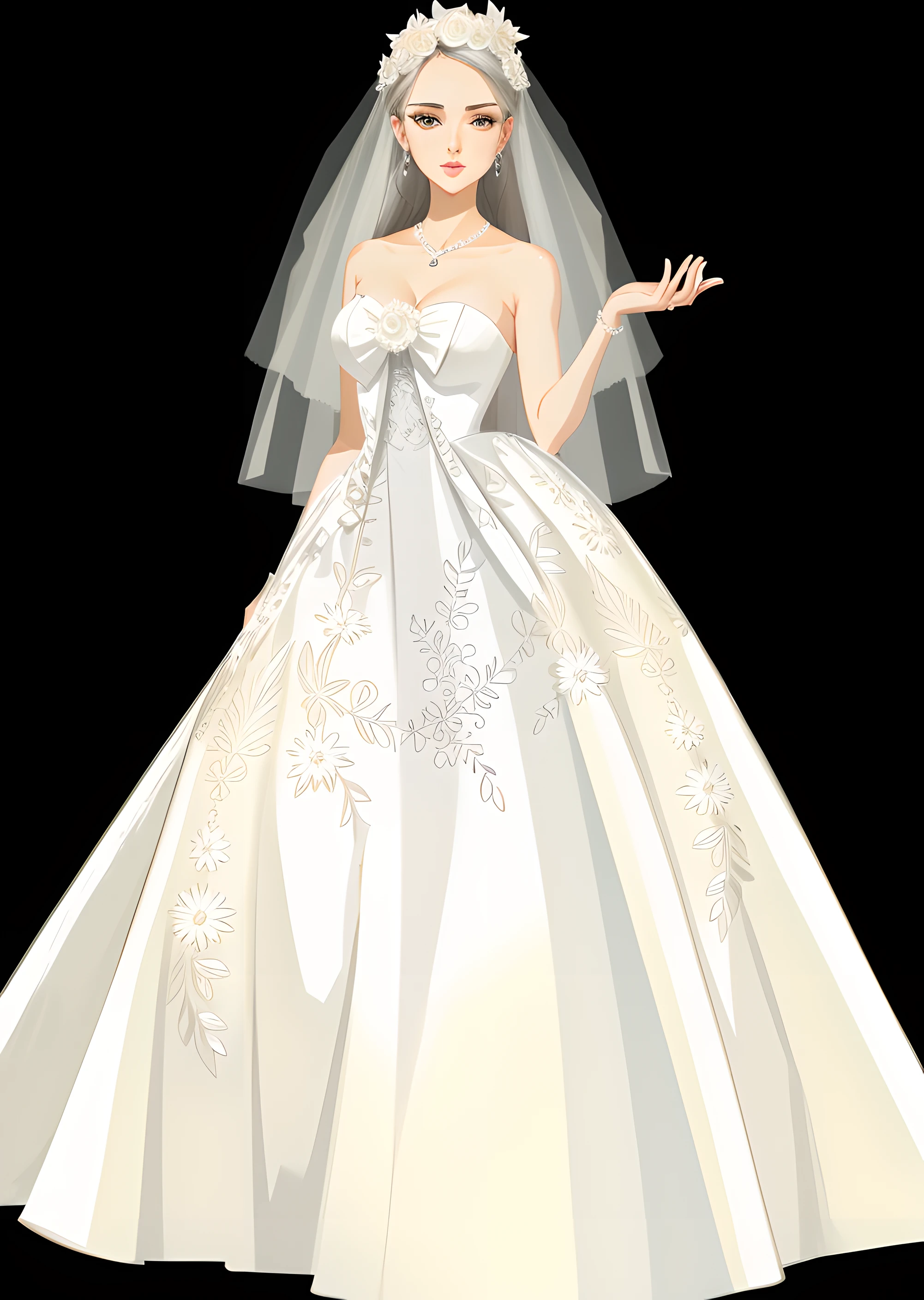 A cartoon bride wearing a veil and tie-up wedding dress, Wearing a wedding dress, Wedding dress, digital art of an elegant, detailed dress and face, anime barbie in white, beautiful detailed elegant, Bride, White dress!! of silver hair, Dressed in elegant dresses, very detailed and rich clothing, dressed beautiful gown, wearing organza gown, luxurious wedding, Wedding