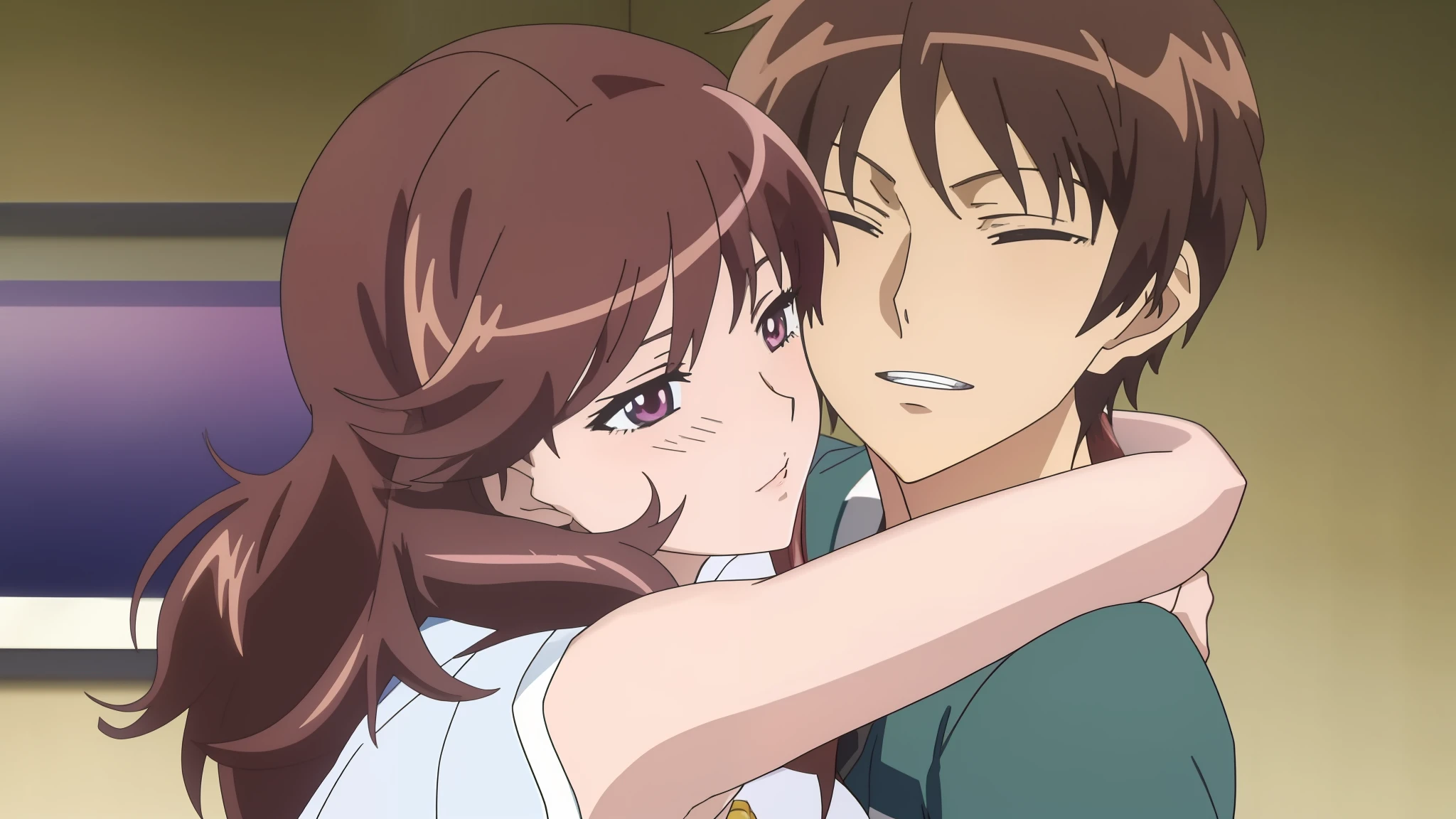a closeup of a person hugging a person in a room, beijando juntos fofos, screencap anime, em um anime, arm around her neck, Yukito Kishiro, Close Up Iwakura Lain, QuioAni, Ando Tadao