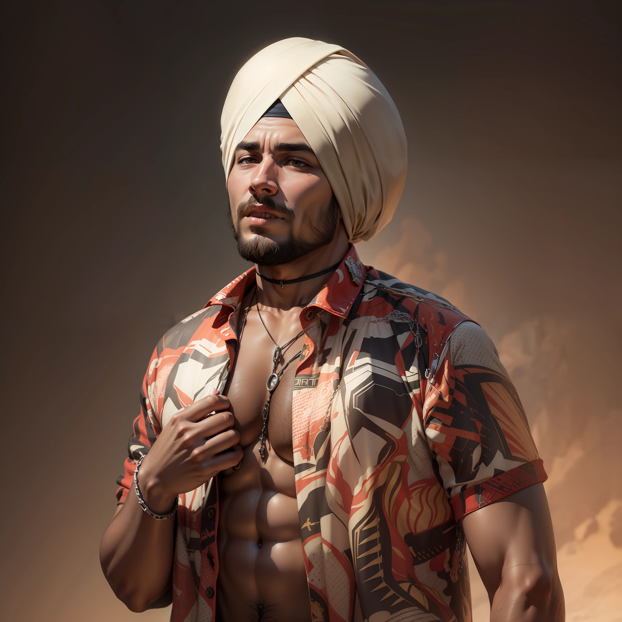 Keep The Face Realistic , Ultra Realistic, 8k, Chain In right Hand, less Beared, Turban, slightly Smiling