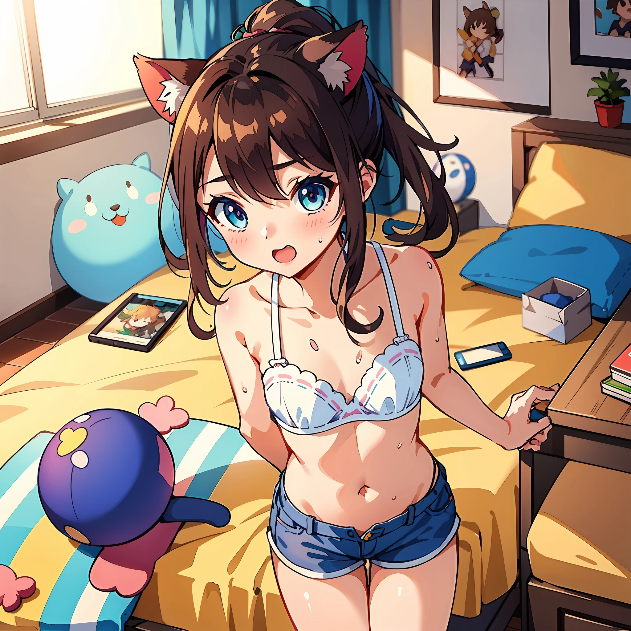 One girl.
(masutepiece, of the highest quality, Kyoto Animation Style Illustration, of the highest quality, Official art, aesthetics, Beautiful details, :1. 2), BREAK, ( girl), Very detailed, colourfull, highest details, BREAK, (Bomb chest: 1. 2,), Clear skin, Beautiful skin, Shy skin, with fringes, 1 beautiful girl, Brown hair, (Cat ears, Ponytail, medium-Long hair: 1. 2), (Light blue eyes, long eyelashes, Double eyelids: 1. 2), Solo, BREAK,
Fan shaking his head to blow wind into the room.
A girl is one girl.
Pink ruffled bra and shorts. Sweat.
girl's own room, bed, desk work, Chair, DVR, Shelves with small items,Women's underwear scattered all over the room,
Fan shaking his head to blow wind into the room.
The girl sits in front of the fan, Mouth wide open, I'm in a hurry,
「Ah!'
Summer scenery.