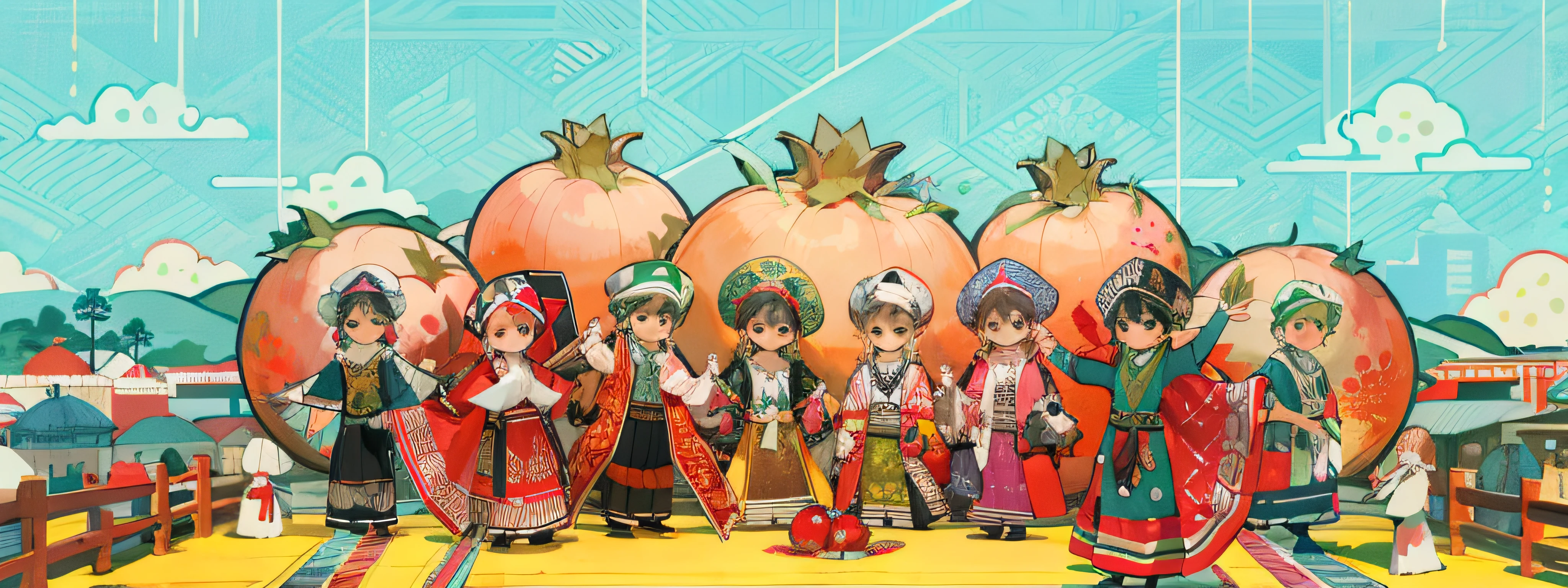 There were many people standing in front of a large pomegranate in ethnic minority clothing, folkloric illustration