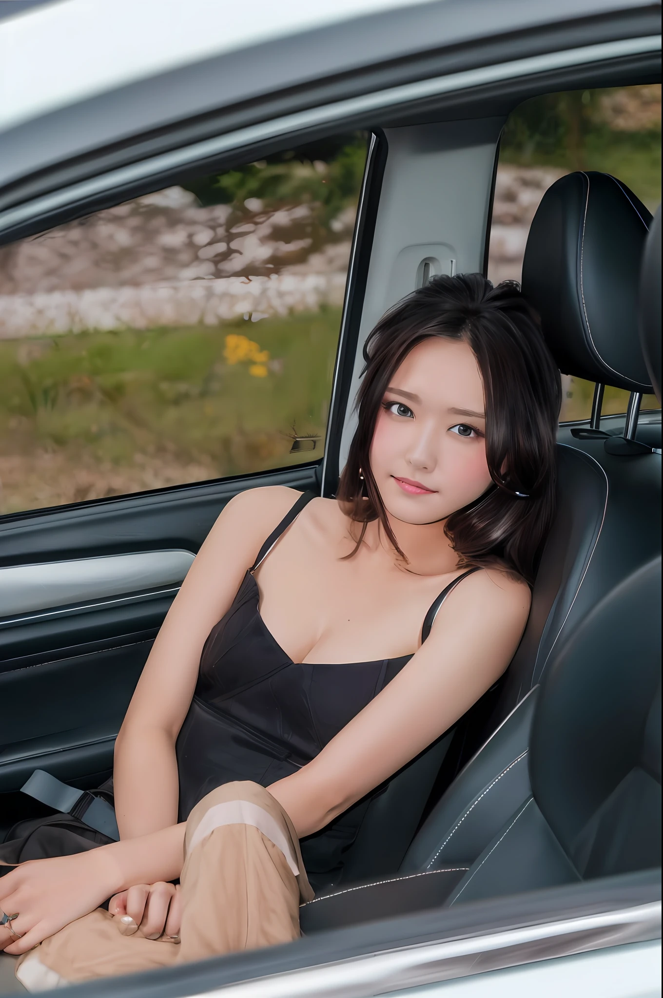 （tmasterpiece，best qualtiy，ultra - detailed），Brunette hairpin girl,vests,inside car