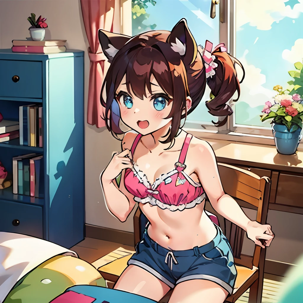 One girl.
(masutepiece, of the highest quality, Kyoto Animation Style Illustration, of the highest quality, Official art, aesthetics, Beautiful details, :1. 2), BREAK, ( girl), Very detailed, colourfull, highest details, BREAK, (Bomb Chest: 1. 2,), Clear skin, Beautiful skin, Shy skin, with fringes, 1 beautiful girl, Brown hair, (Cat ears, Ponytail, medium-Long hair: 1. 2), (Light blue eyes, long eyelashes, Double eyelids: 1. 2), Solo, BREAK,
Fans shake their heads to blow wind into the room.
A girl is one girl.
Pink ruffled bra and shorts. Sweat.
girl's own room, bed, desk work, Chair, DVR, Shelves with small items,Women's underwear scattered all over the room,
Fans shake their heads to blow wind into the room.
The girl sits in front of the fan, Mouth wide open, I'm in a hurry,
「Ah!'
Summer scenery.
