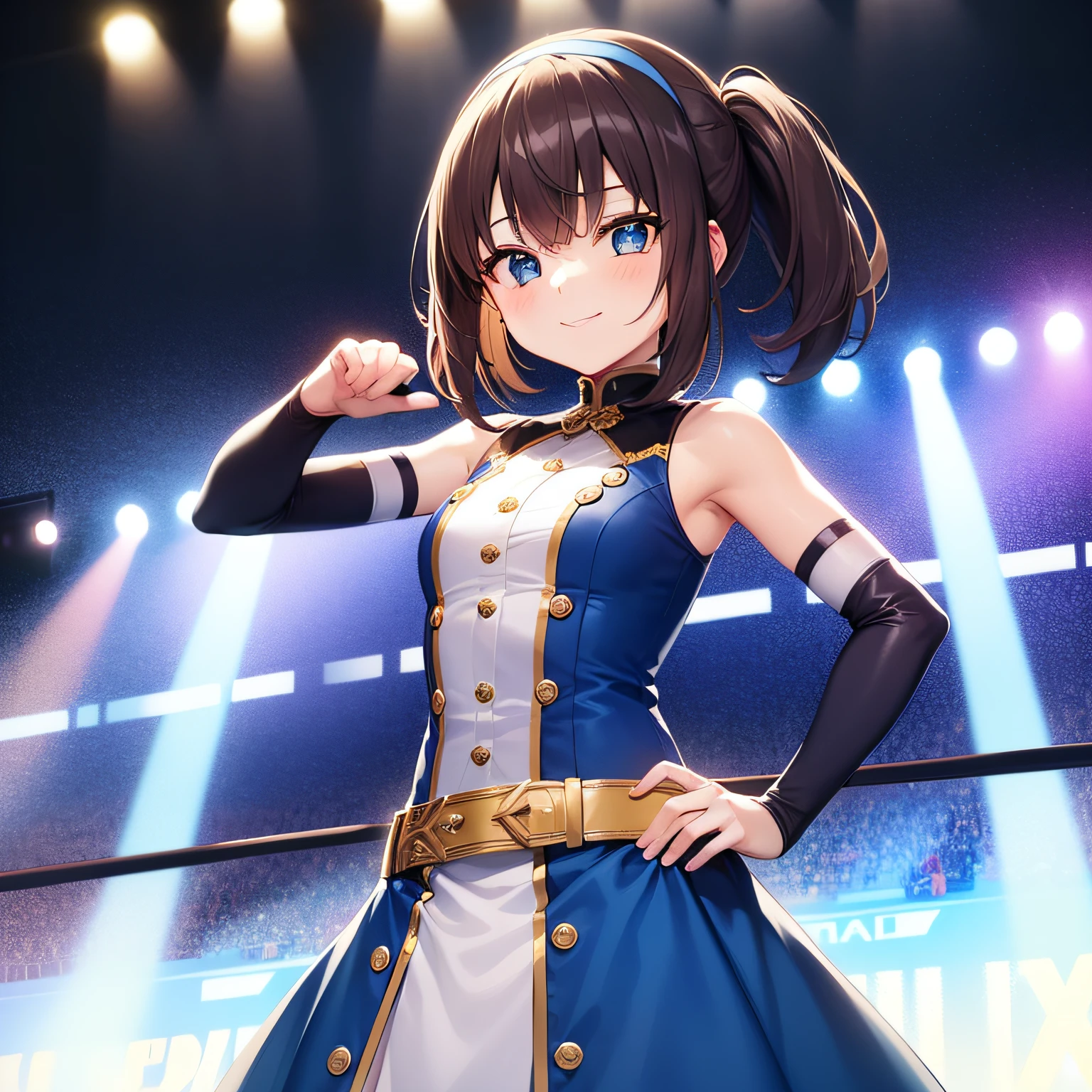 top-quality、extremely delicate and beautiful、、small tits、((((Solo Girl))))、11years olirl、(darrown hair)、Blue clothes with vertical buttons、Belt at waist、White skirt、(((poneyTail)))、(white hairband)、(Brown boots)、blue eyess、is standing、A smile、professional wrestling、Crowd Circle View、professional wrestling、spectator seats、Crowd Circle View、Fights in professional wrestling、Fighting、Rise to the pinnacle of professional wrestling、Facing the front、Hands on the hips、Stand alone in the ring