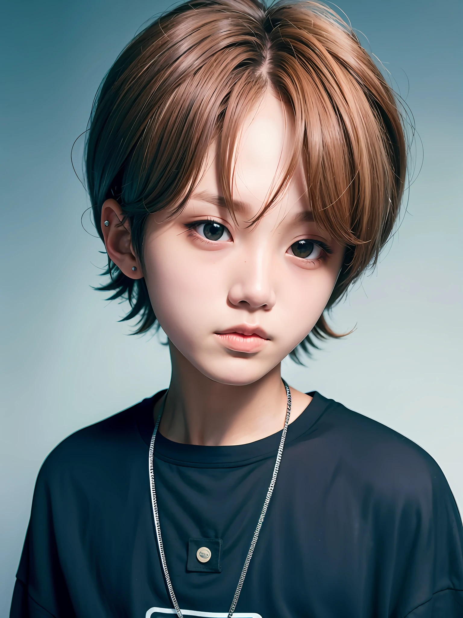 Shota fofo com cabelos pretos e olhos vermelhos usando uma roupa curta