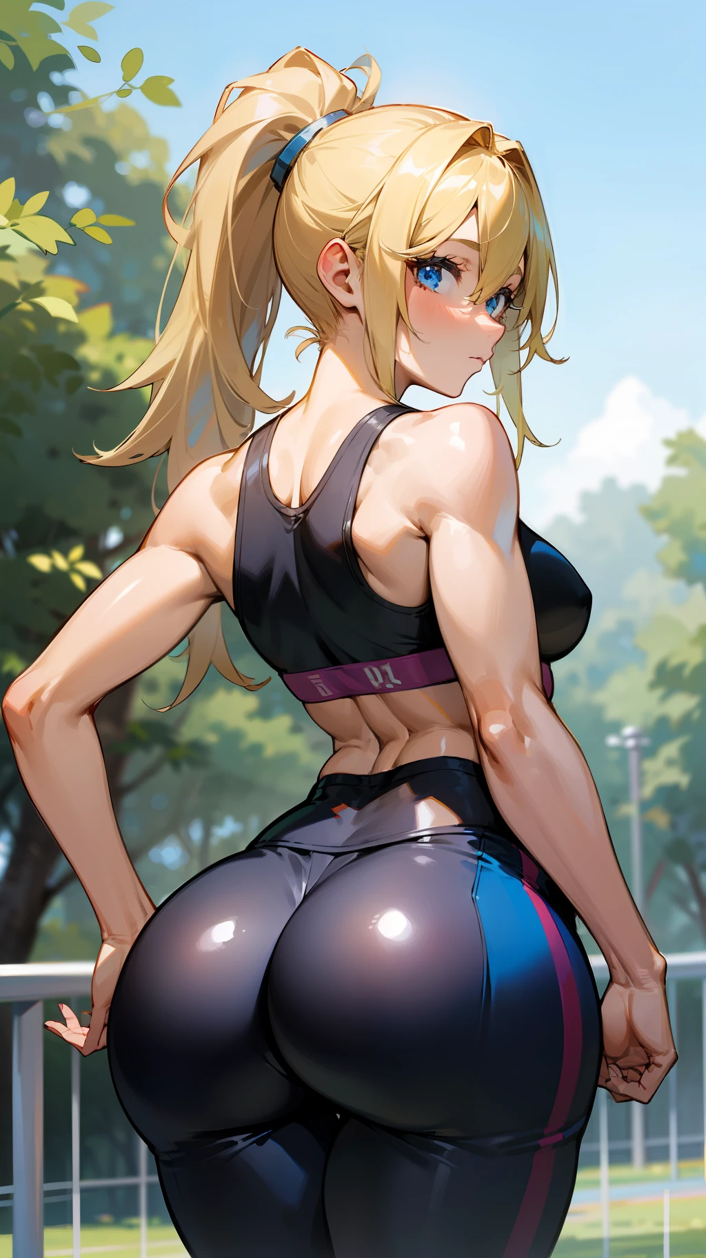 high quality, absurdres, highres, ultra detailed, intricate, beautiful woman, 1girl,looking at viewer, from behind, looking back, ass, toned, sports bra, leggings, high-waist pants, yoga pants, ponytail,blonde hair,blue eyes, wide hips, hair between eyes,outdoors,