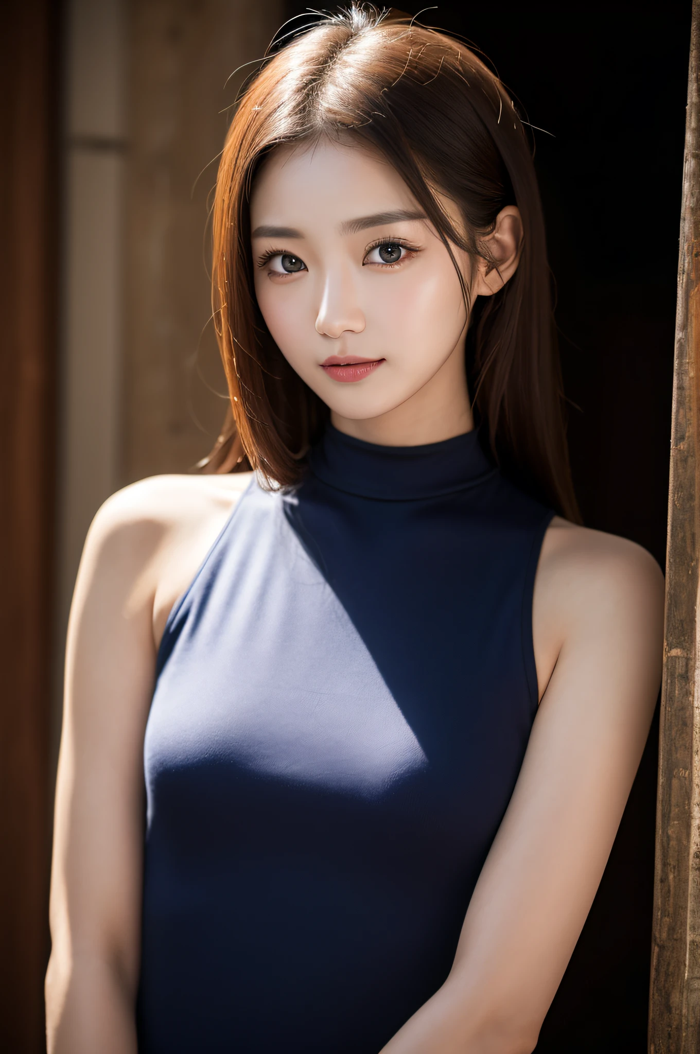 ((best qualtiy、8k masterpieces:1.3))、foco nítido:1.2、(ultra beautiful faces:1.0)、(Slender Abs Beauty:1.0)、(shinny skin:1.0)、photos realistic、A dark-haired、Video Lighting、High-definition eyes and face、Video Lighting、(cowboy shot:1.3)、White swimwear、(Korean Cute Actress)、from the front side、medium large breasts、A slight smile、Sleeveless