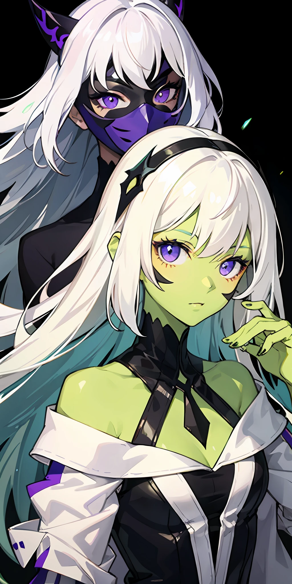 Girl with green skin,White hair,O cabelo multicolorido,Purple eye,Wear a mask on your head,Sideslit,light particules,the wallpaper,