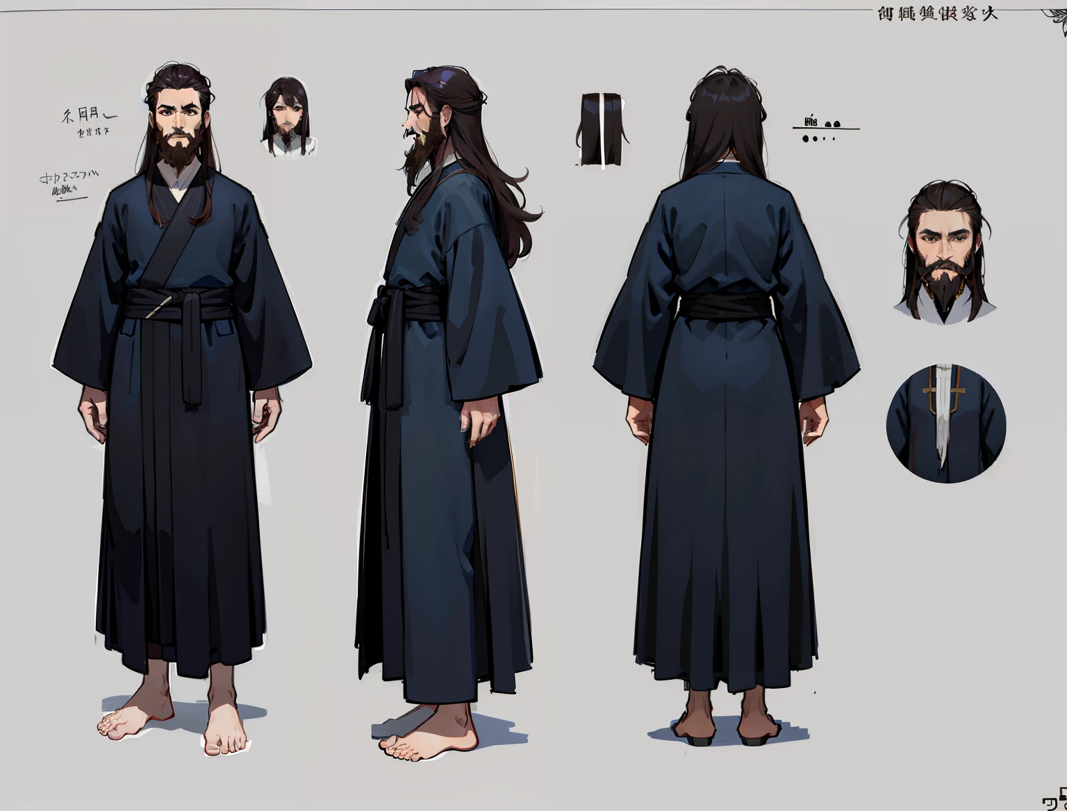1人,reference sheet,(character design,frontage,on back,Lateral face)Average height,Black eyes。Brown combed hair,Long beard。A flowing robe made of dark blue silk。Carry with an ancient machete,Engraved with mysterious symbols。