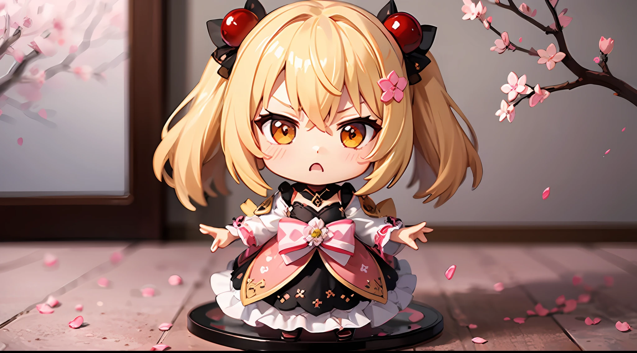 Doll standing in front of the painting, blonde, angry face, Sengai, pixiv, rococo, dolfie dream, watercolor Nendoroid, (high definition figure), flowing cherry colored silk, nendroid, highly_detailed!!, cherry blossom petals, flowing cherry blossom silk, season!!: 🌸 ☀ 🍂 ❄