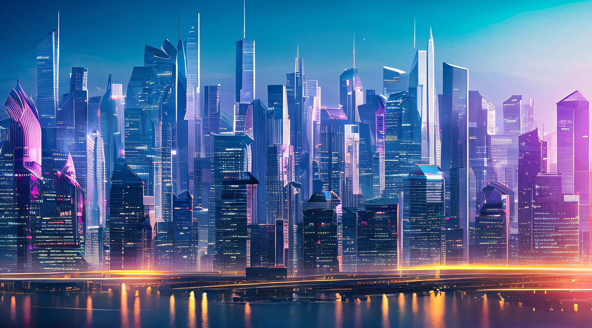 Style: Concept art. The scene: Futuristic cityscapes with towering skyscrapers and sleek aerodynamic vehicles speeding through the air. High-resolution OLED GUI interfaces in the building's windows are filled with transparent data visualization infographics showing everything from weather patterns to traffic flow. Colors are saturated and vibrant, with warm pinks and purples dominating the skyline. The overall effect is both beautiful and awe-inspiring.