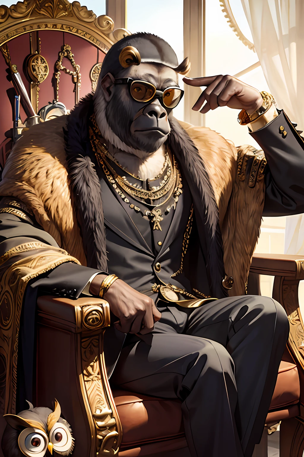 masterpiece, best quality, photorealistic ,fashionmonkey, gorilla, eyewear on head, gears, gem, goggles , gold, jewelry, magic circle,male_focus, owl, pants, shoes, sunglasses, tassel, throne,