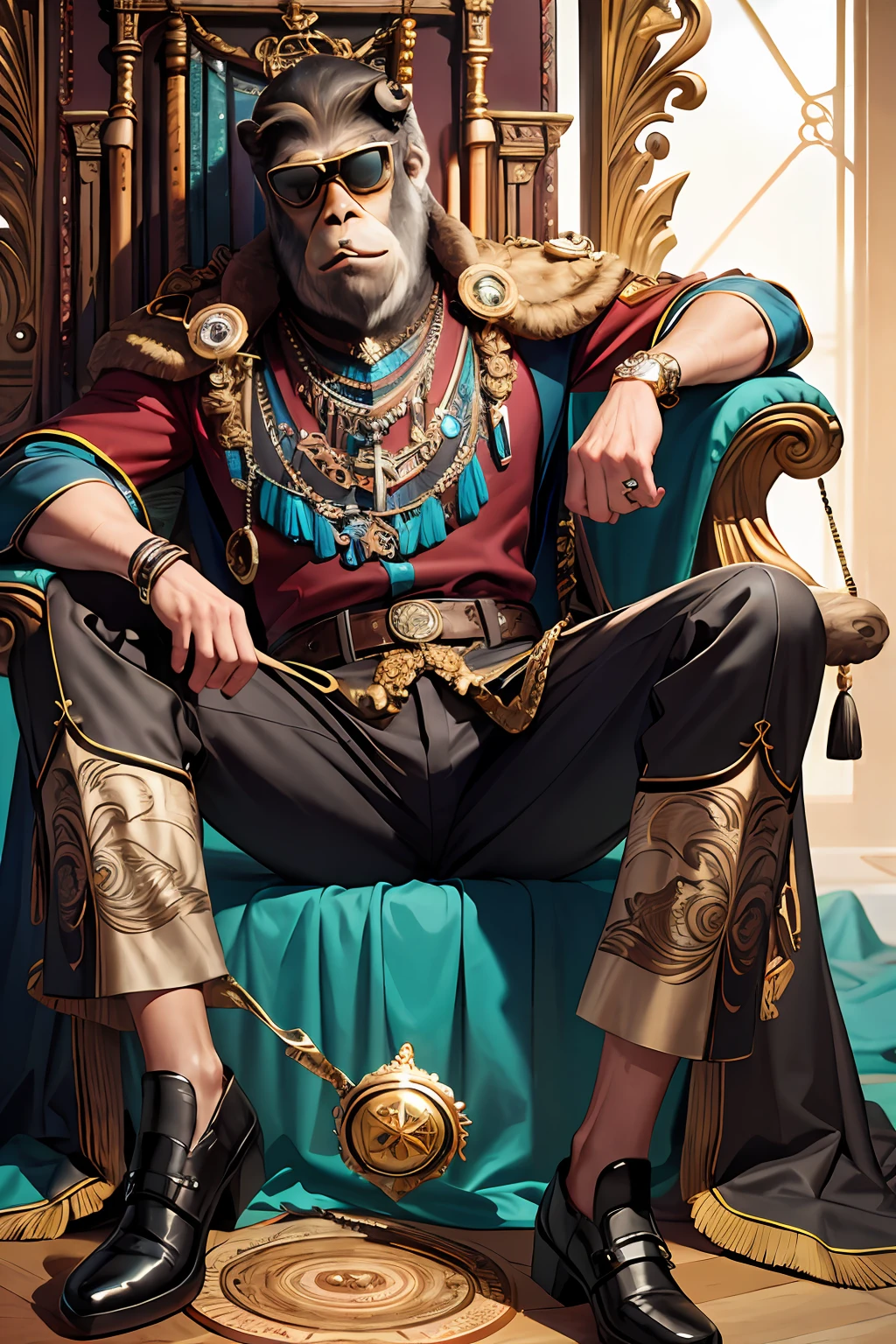 masterpiece, best quality, photorealistic ,fashionmonkey, gorilla, eyewear on head, gears, gem, goggles , gold, jewelry, magic circle,male_focus, owl, pants, shoes, sunglasses, tassel, throne,