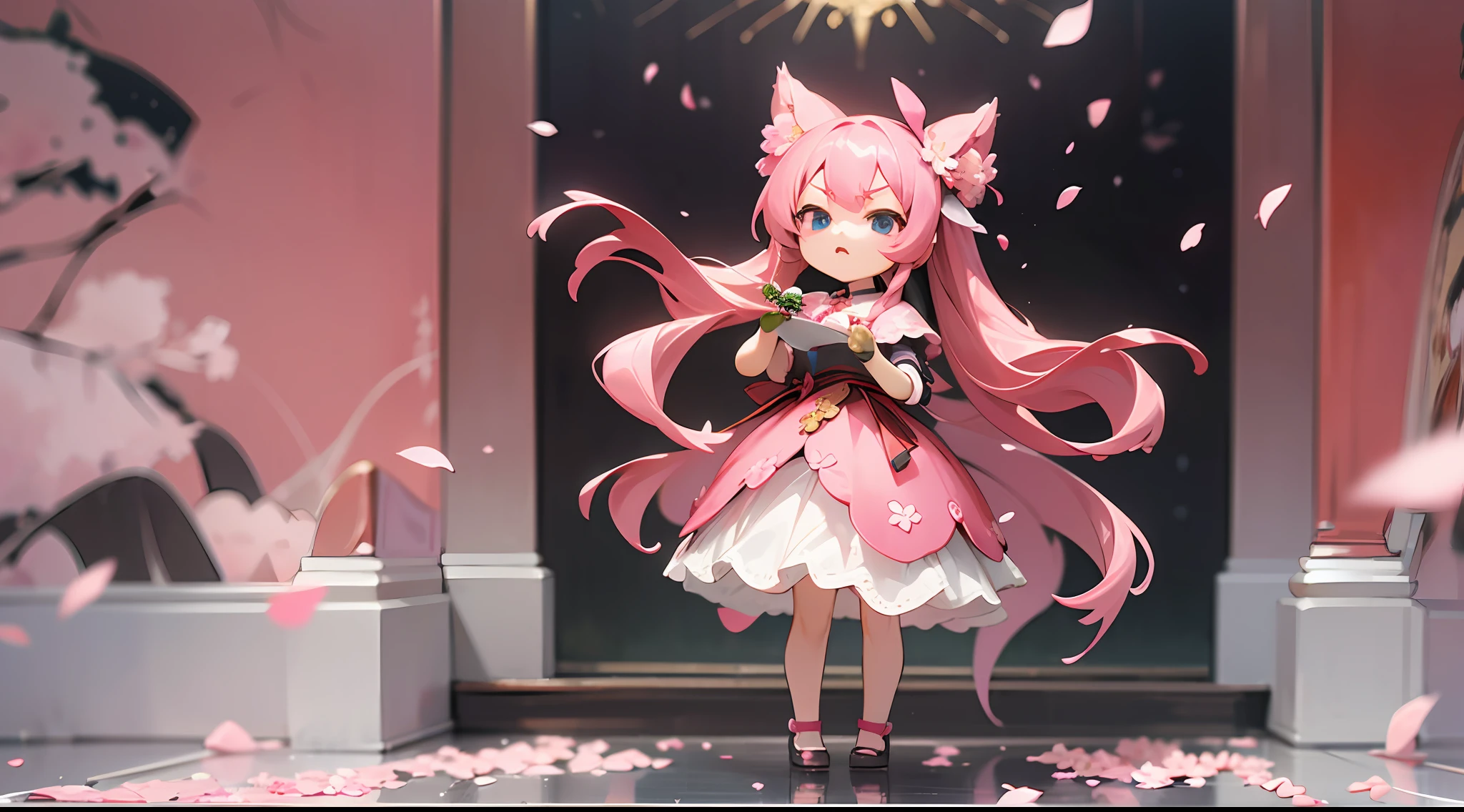 photoRealstic、Doll standing in front of the painting、bionde、angry looking face、Sengai、pixiv、rokoko、dollfie dream、watercolor Nendoroid、(High Definition Figure)、flowing sakura-colored silk、nendroid、highly_Detailed!!,Cherry blossom petals、Flowing cherry blossom silk、season!!: 🌸 ☀ 🍂 ❄