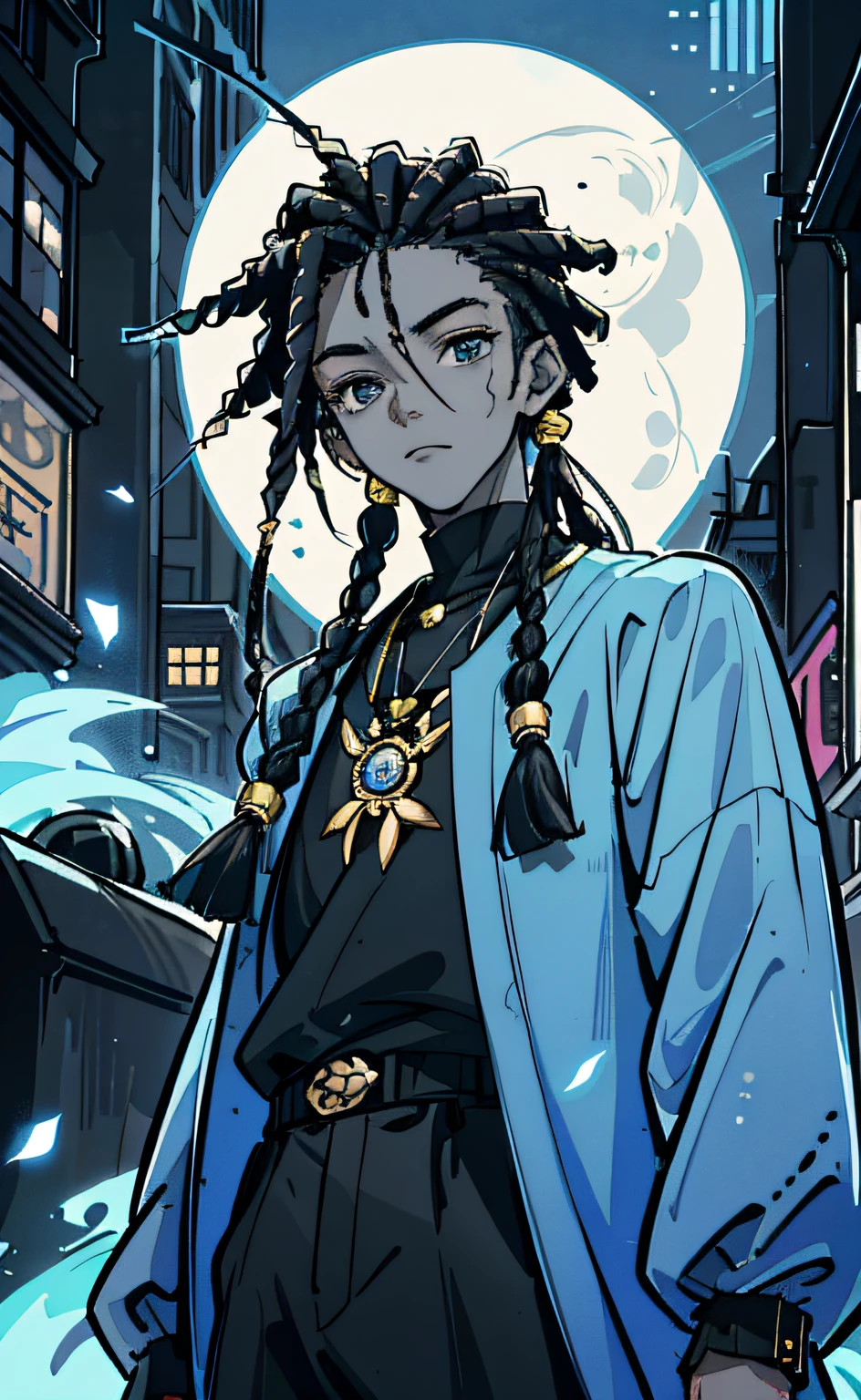 um homem, taken in the early 2020s, Sul, anime, Retrato no meio da foto, usando um capuz azul, bonito hip hop jovem negro, um homem negro com longos cabelos cacheados, my rendition, Capuz azul, street wears, dreadlocks