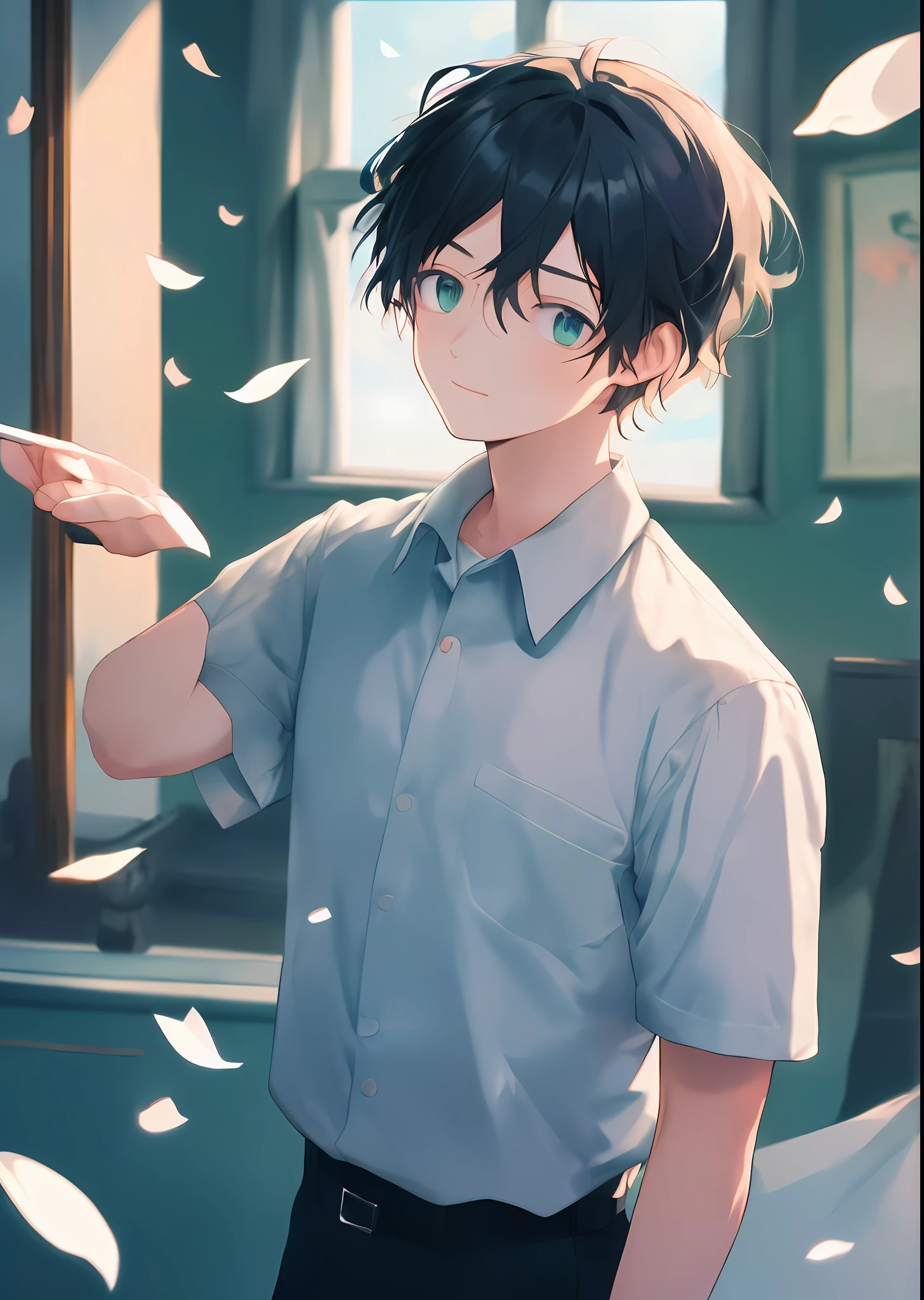 master-piece, beste-Qualit, boy (black hairr:1.4), male focus, handsome, By the window, Inside the room, Stand facing the camera., The curtain swayed..., The wind blows..., Spindle tree, Afternoon sunshine, Bright sky, Beautiful clouds, White short-sleeved shirt, Petals are littered all over.., deep depth of field (Bokeh Background:1.2)