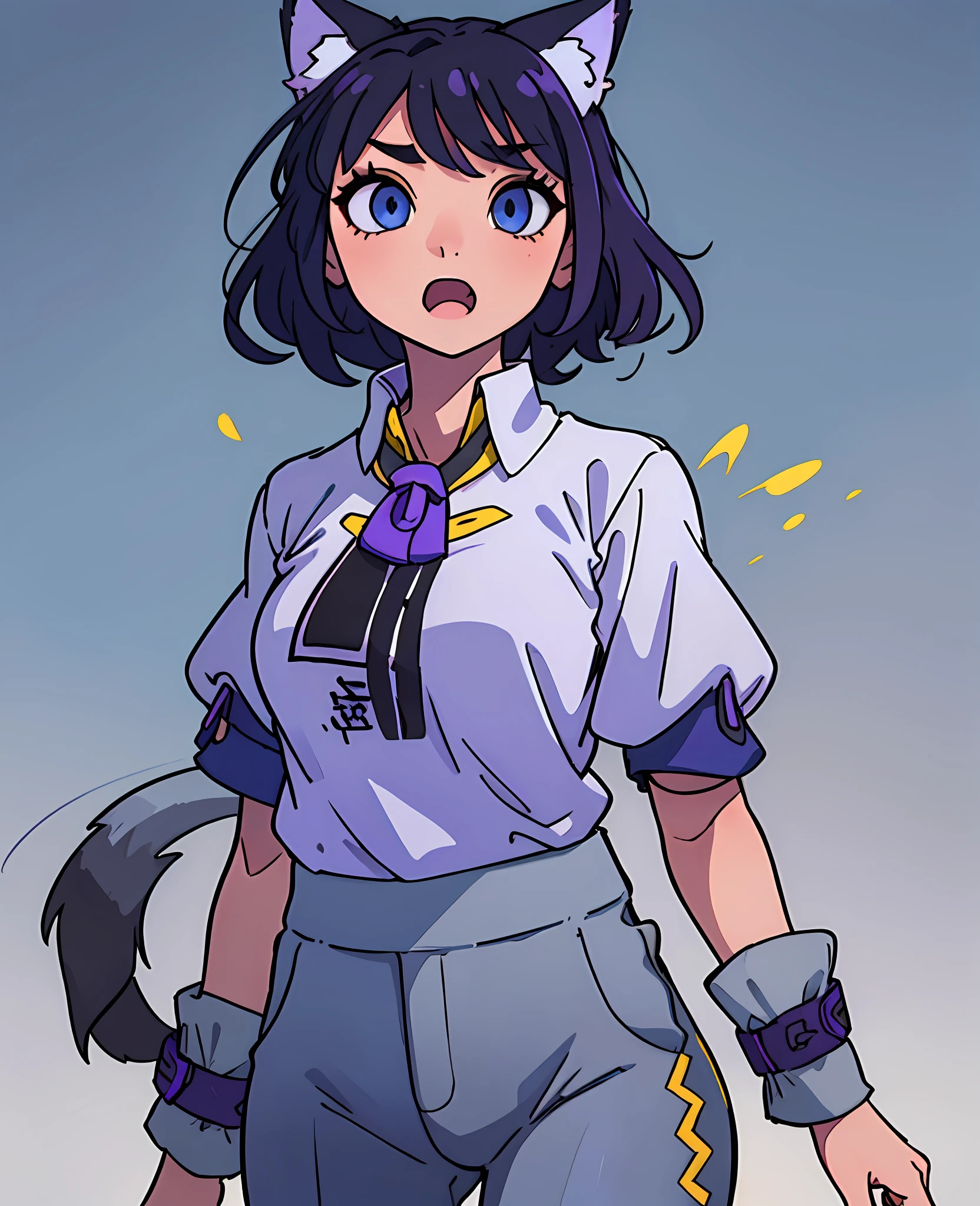 Anime, girl, woman, short black hair, grey fox ears, purple clip in the front of the hair, blue eyes, in the mouth the fang on the left side stands out, a grey fox tail with a white tip, thin body without much chest, cold blouse, blue sleeves and the rest grey, yellow shirt, legging trousers --auto --s2