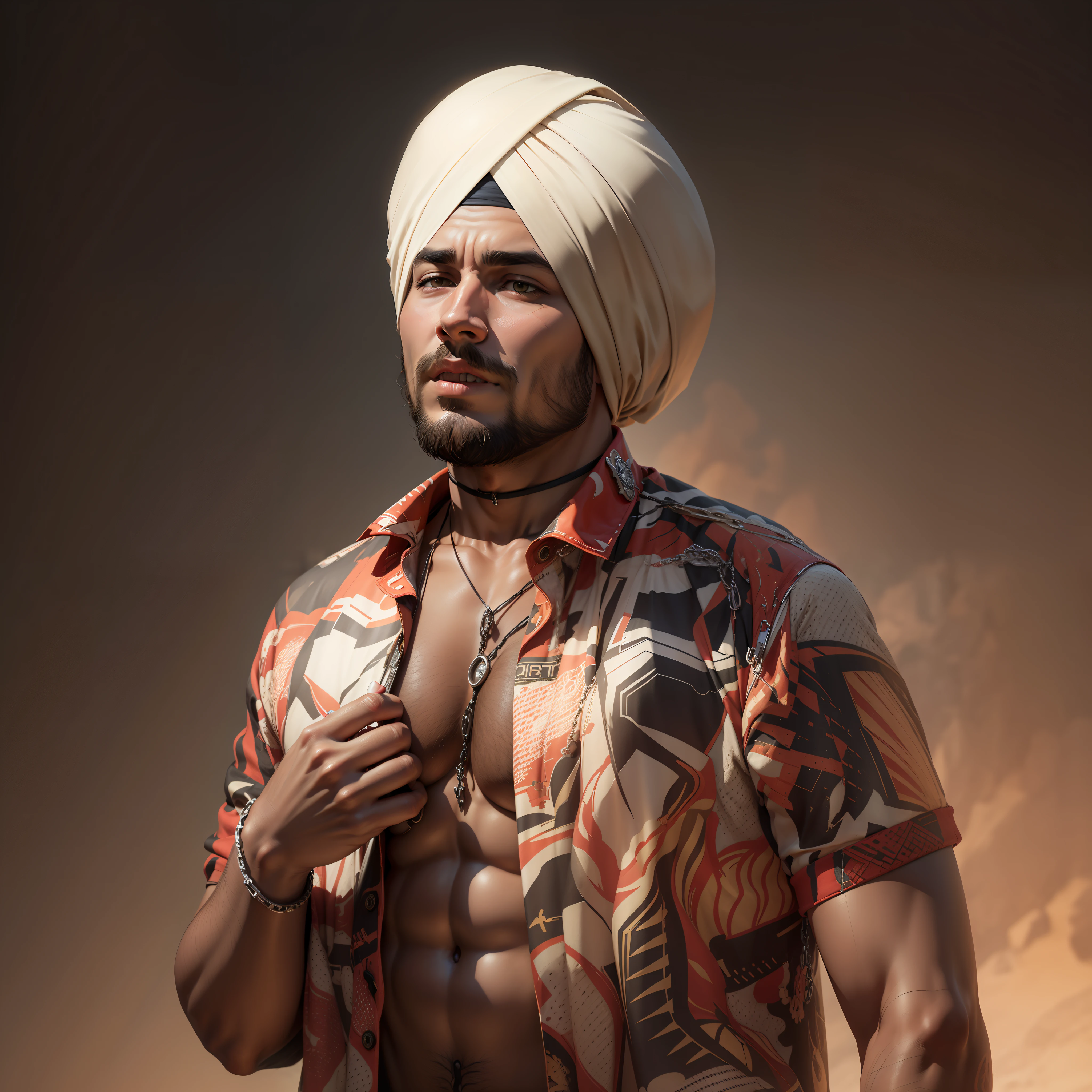 Keep The Face Realistic , Ultra Realistic, 8k, Chain In right Hand, less Beared, Turban, slightly Smiling