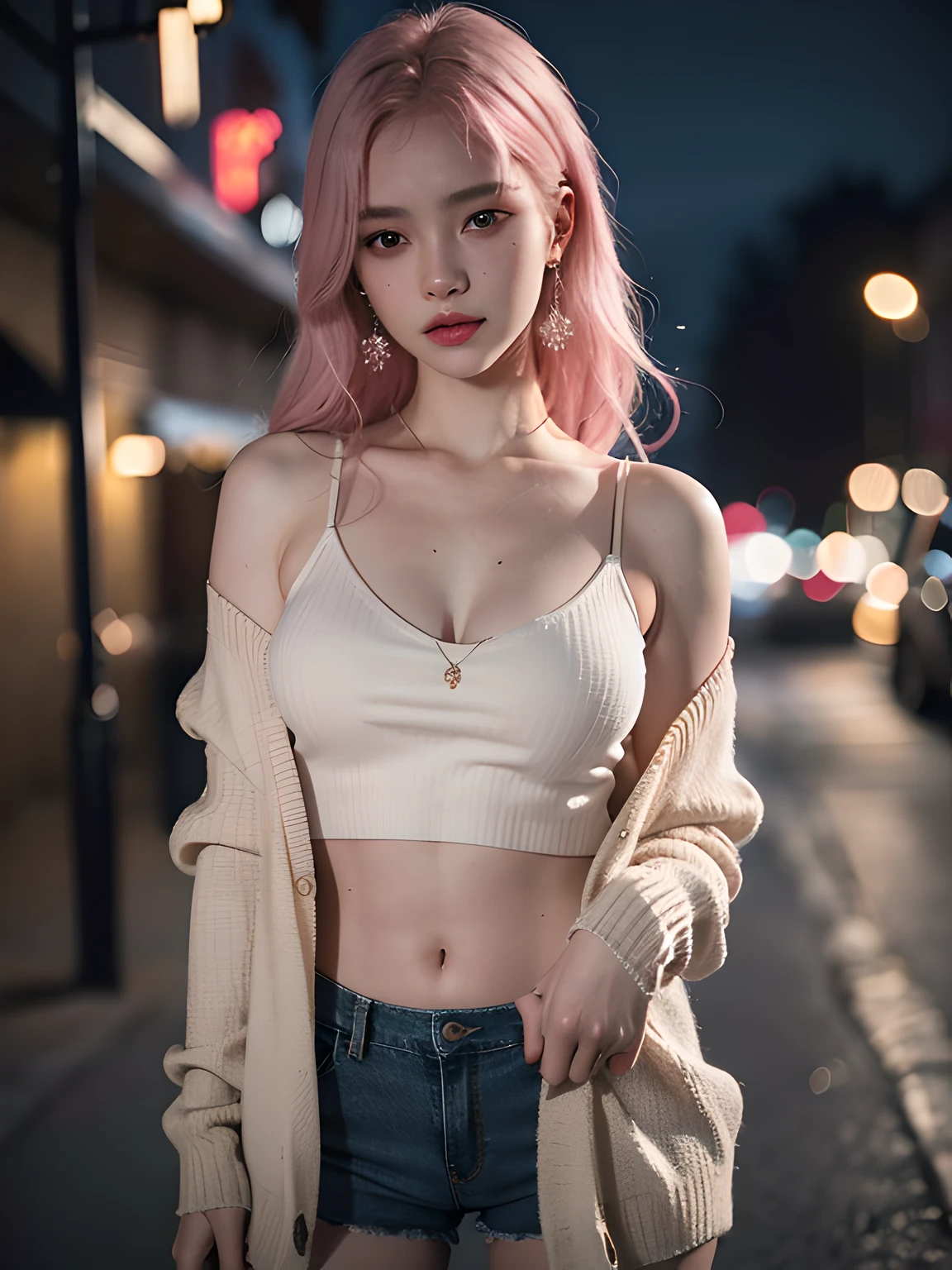 photo of beautiful (n4t3mm:0.99), a 20 yo lady, long pale pink hair, cardigan, Navel exposed, jeans minishorts, movie premiere gala, dark moody ambience (masterpiece:1.2) (photorealistic:1.2) (bokeh) (best quality) (detailed skin:1.2) (intricate details) (nighttime) (8k) (HDR) (cinematic lighting) (sharp focus), (looking at the camera:1.1), ((closeup portrait:1.2)), (earrings)