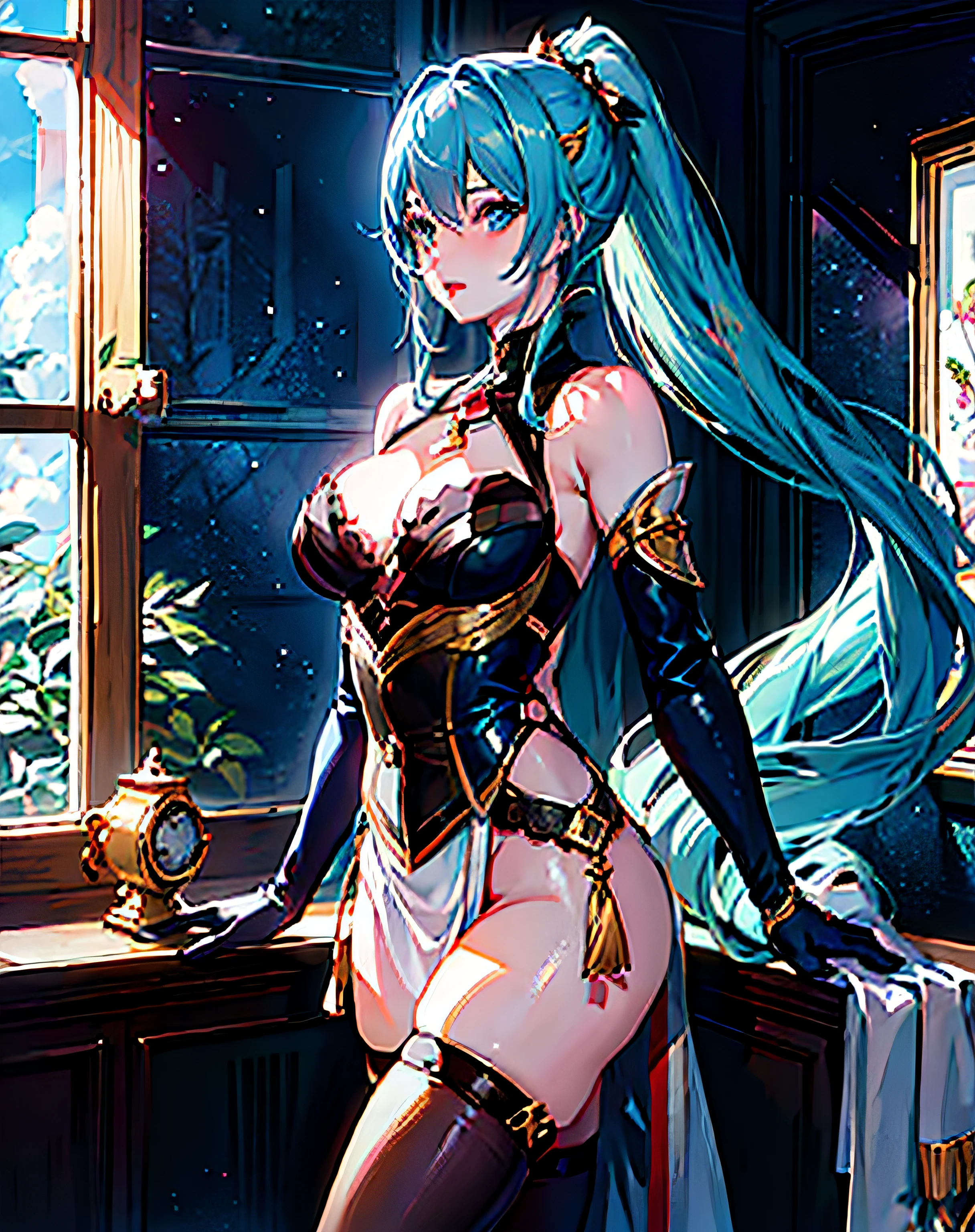 anime - style image of a woman in a corset and stockings posing in front of a window, extremely detailed artgerm, seductive anime girl, trending on artstation pixiv, anime goddess, artgerm on artstation pixiv, beautiful alluring anime woman, ! dream artgerm, royal elegant pose, artgerm. anime illustration