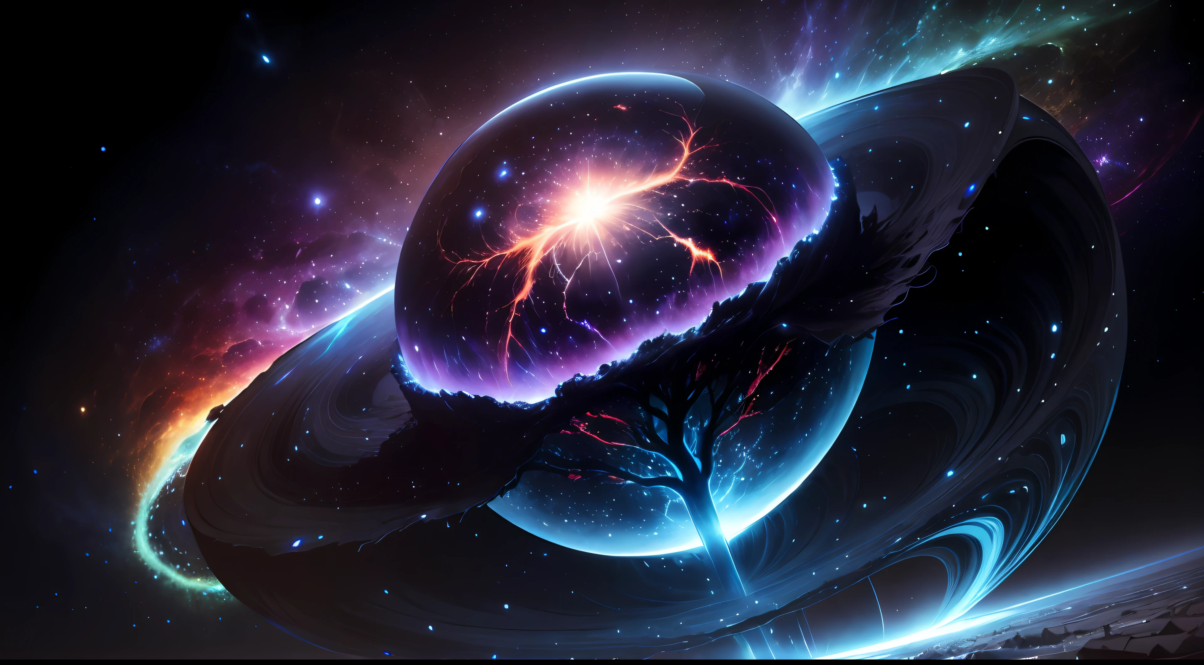World Tree,Star ring,the boundless universe,Endless galaxies,Dangerous black holes,Exploding supernova,Floating stellar nebula,Negative dark mode --auto