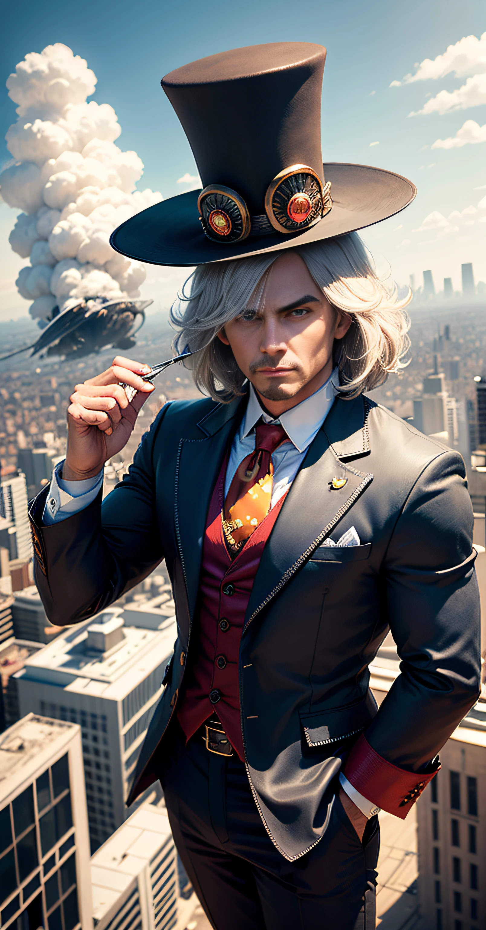 um homem de cabelos enorme, cabelo gigante preto, Flying over the sky, no fundo temos uma cidade vista do alto, The city is on fire, Home is wearing a look inspired by the Mad Hatter character, He's seeing the city from heaven