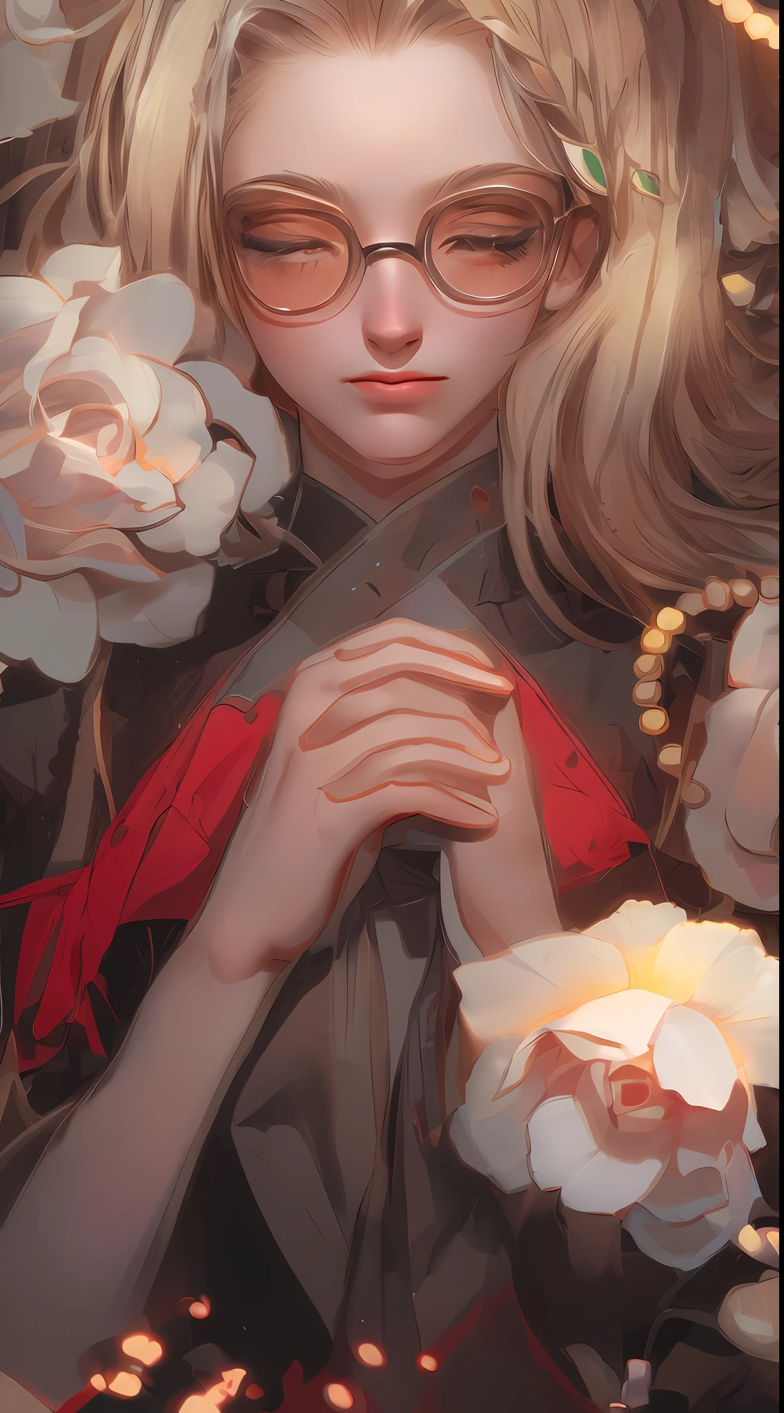 anime girl with glasses and a red scarf in a field of flowers, artgerm and atey ghailan, artwork in the style of guweiz, artgerm detailed, artgerm. anime illustration, artgerm. high detail, range murata and artgerm, artgerm lau, style artgerm, extremely detailed artgerm,masterpiece, best quality, (extremely detailed CG unity 8k wallpaper), (best quality), (best illustration), (best shadow), absurdres, realistic lighting, (Abyss), beautiful detailed glow