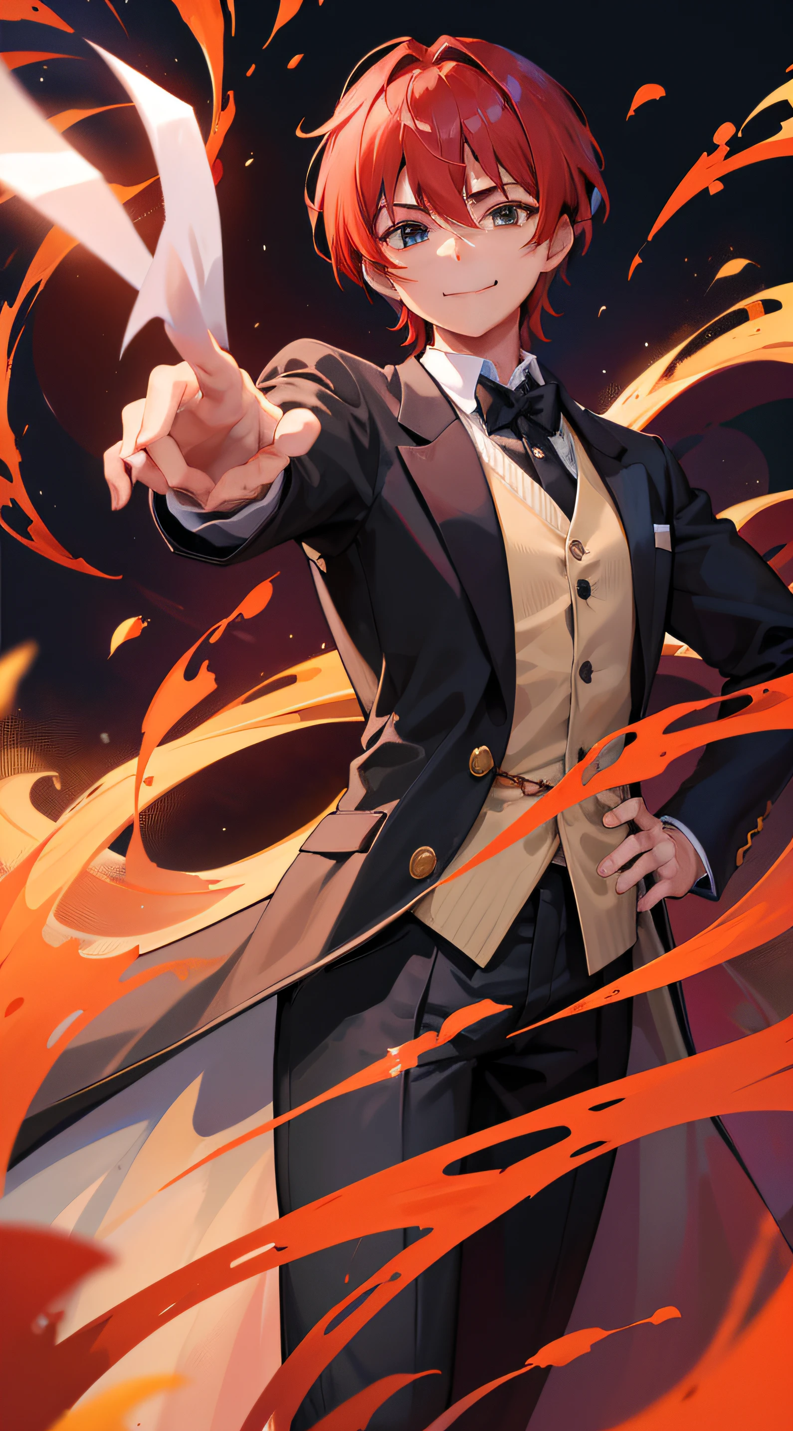 Red-haired、1 boy、独奏、a smile、is standing、dynamicposes、8k、masterpiece、top-quality、电影灯光、cowboy shot、(Butler's Uniform:1.1)、