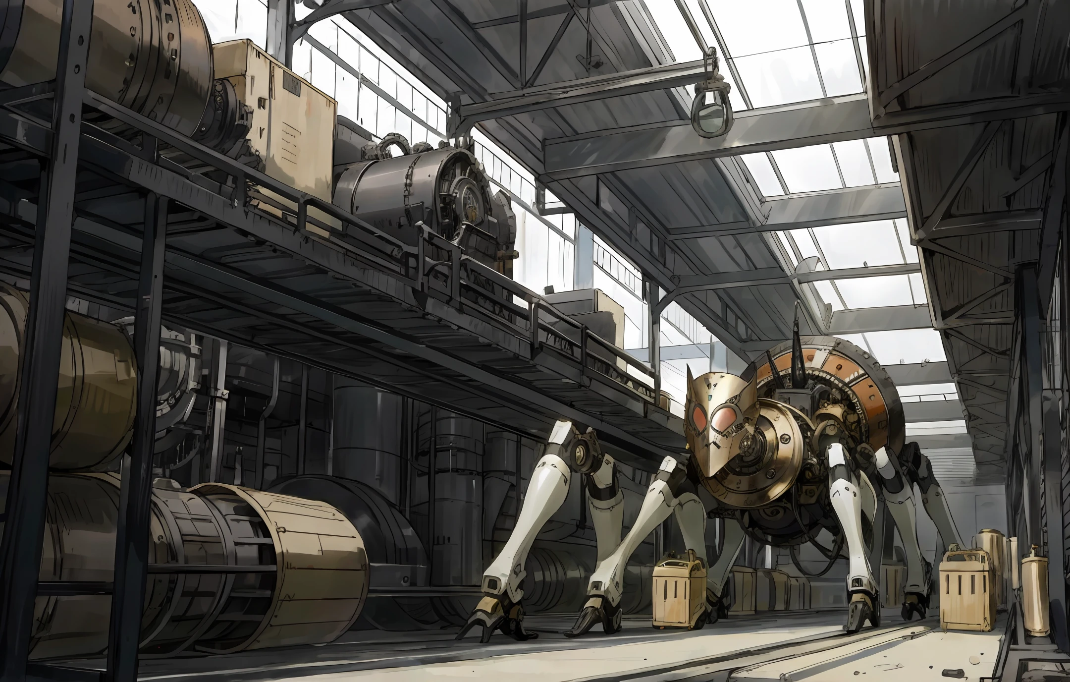 Imagine a spider the size of a factory and as if it were a factory, fabricando diversas outras aranhas pequenas. Tudo isso em um tema steampunk/dieselpunk.