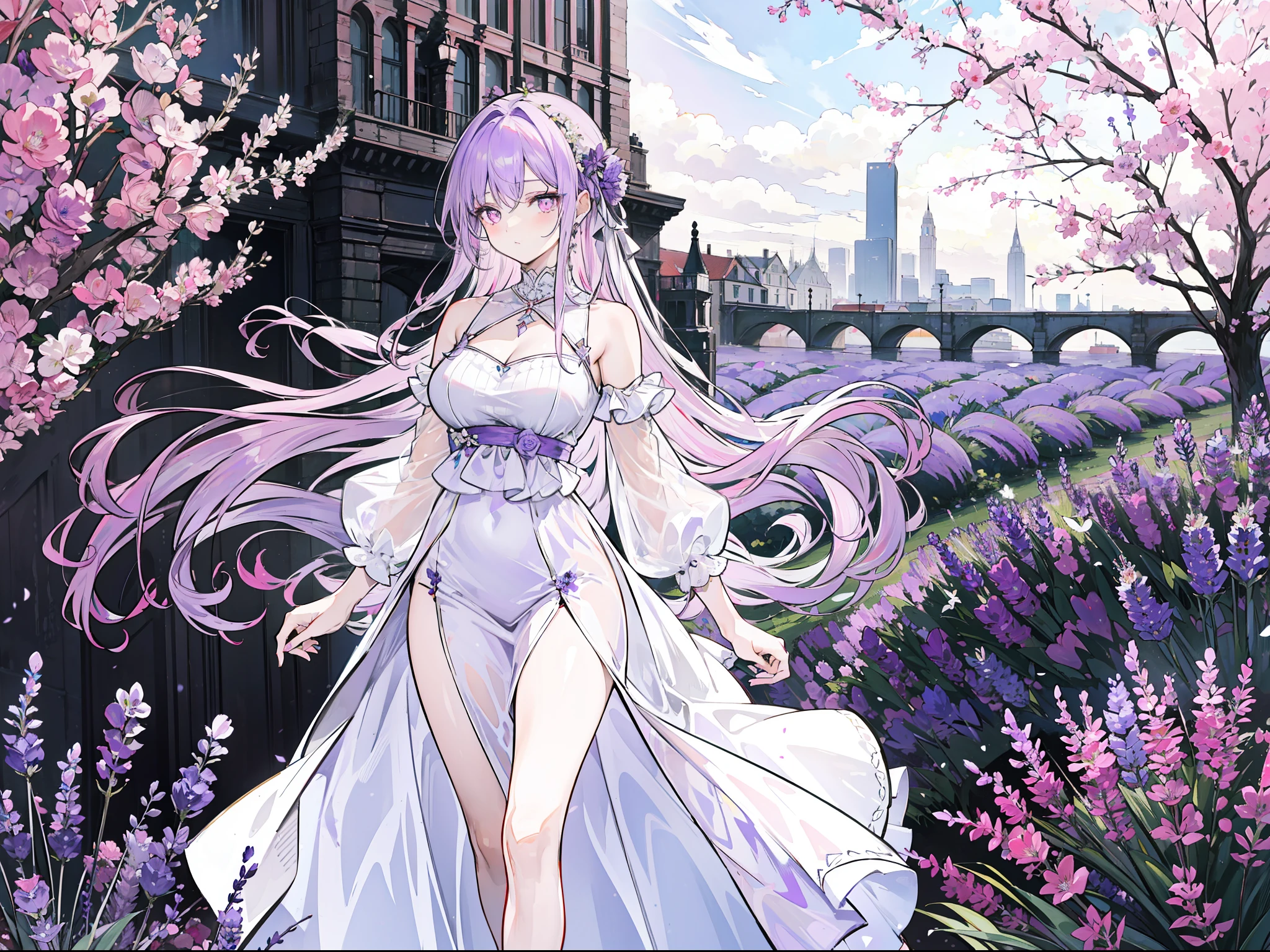 "Beautiful city landscape, exquisite 4k artwork showcasing an elegant lady with mesmerizing lavender flowing hair, captivating deep pink eyes, and dressed in a stunning white casual attire."