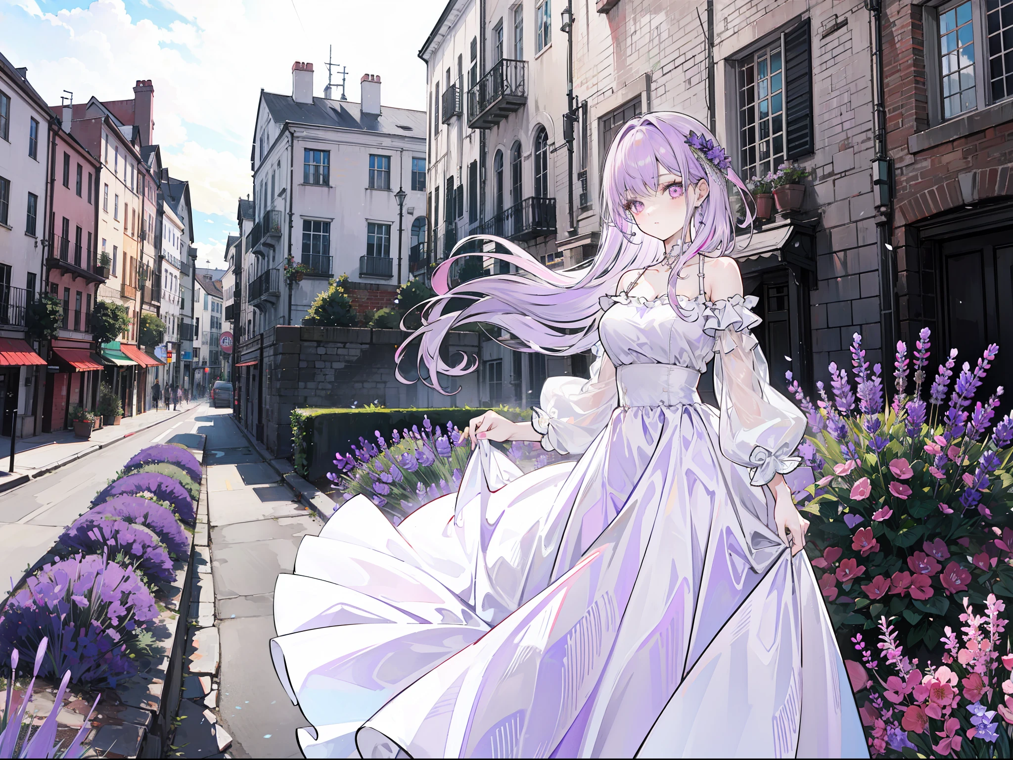 "Beautiful city landscape, exquisite 4k artwork showcasing an elegant lady with mesmerizing lavender flowing hair, captivating deep pink eyes, and dressed in a stunning white casual attire."