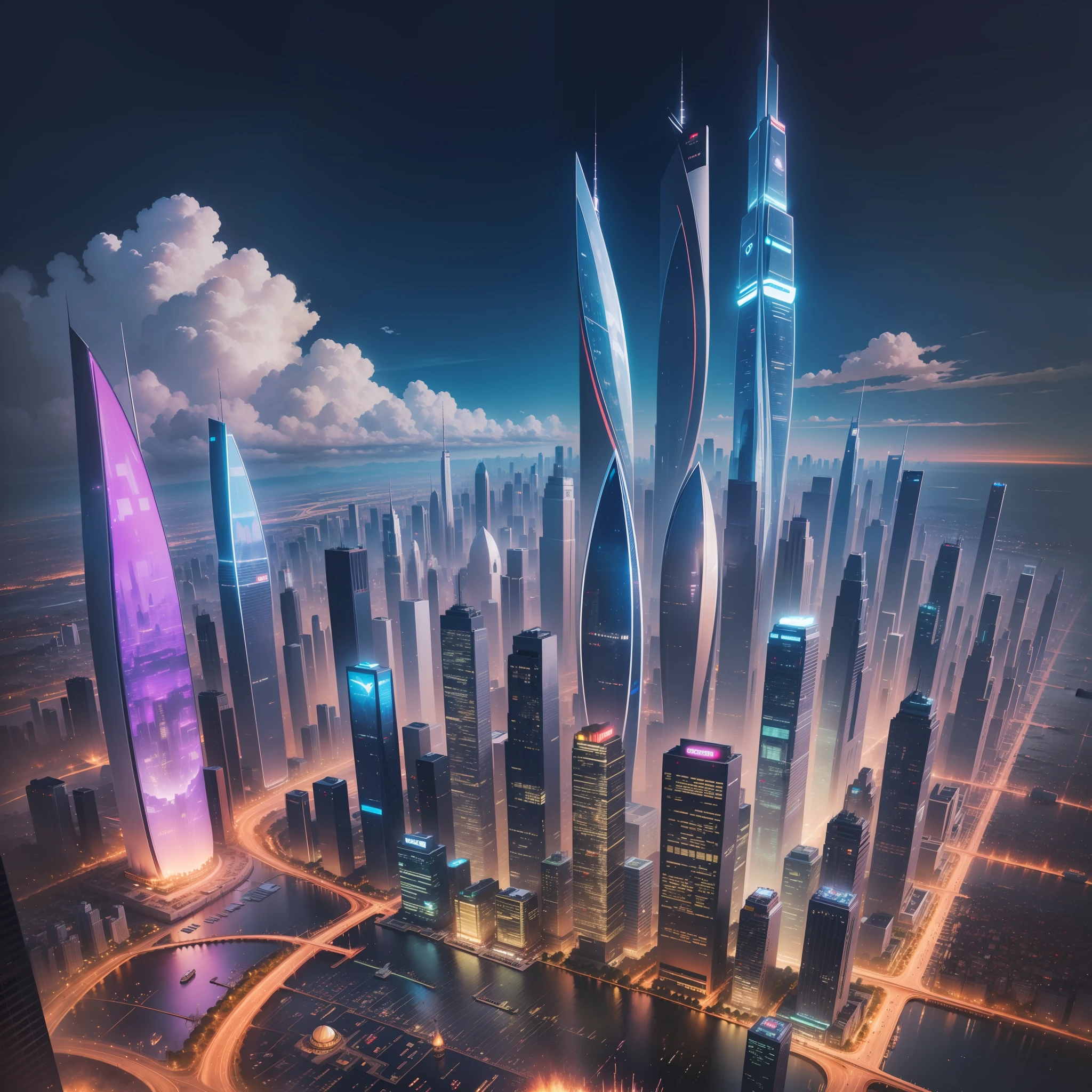 Skyscrapers seen from the ground cyberpunked epcot SF futuristic cities top-quality masterpiece 超A high resolution dream Megacities Beautiful Buildings
