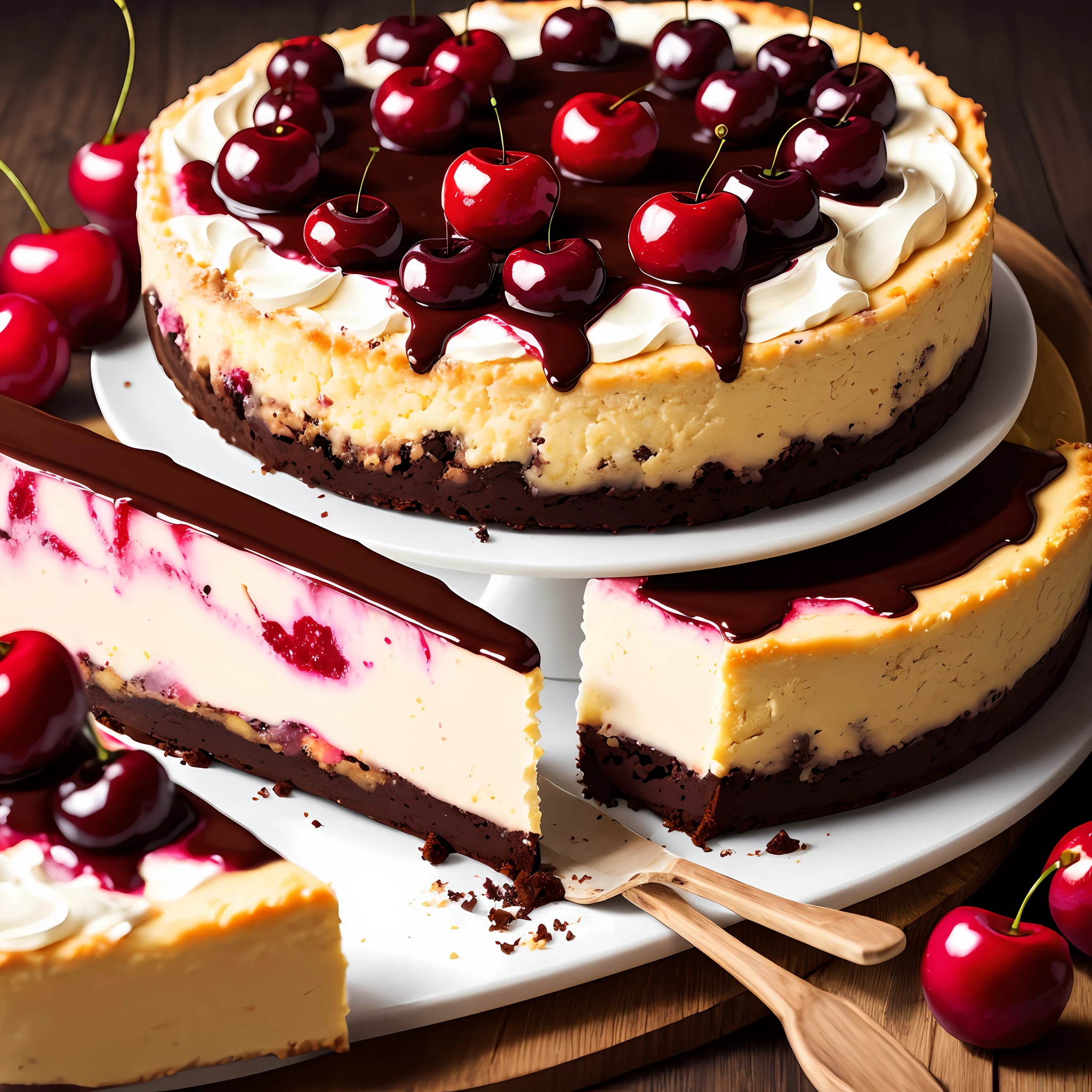 Appetizing slice of cherry cheesecake with chocolate, delicious, fragrant, detailed  professional photography and light, close-up