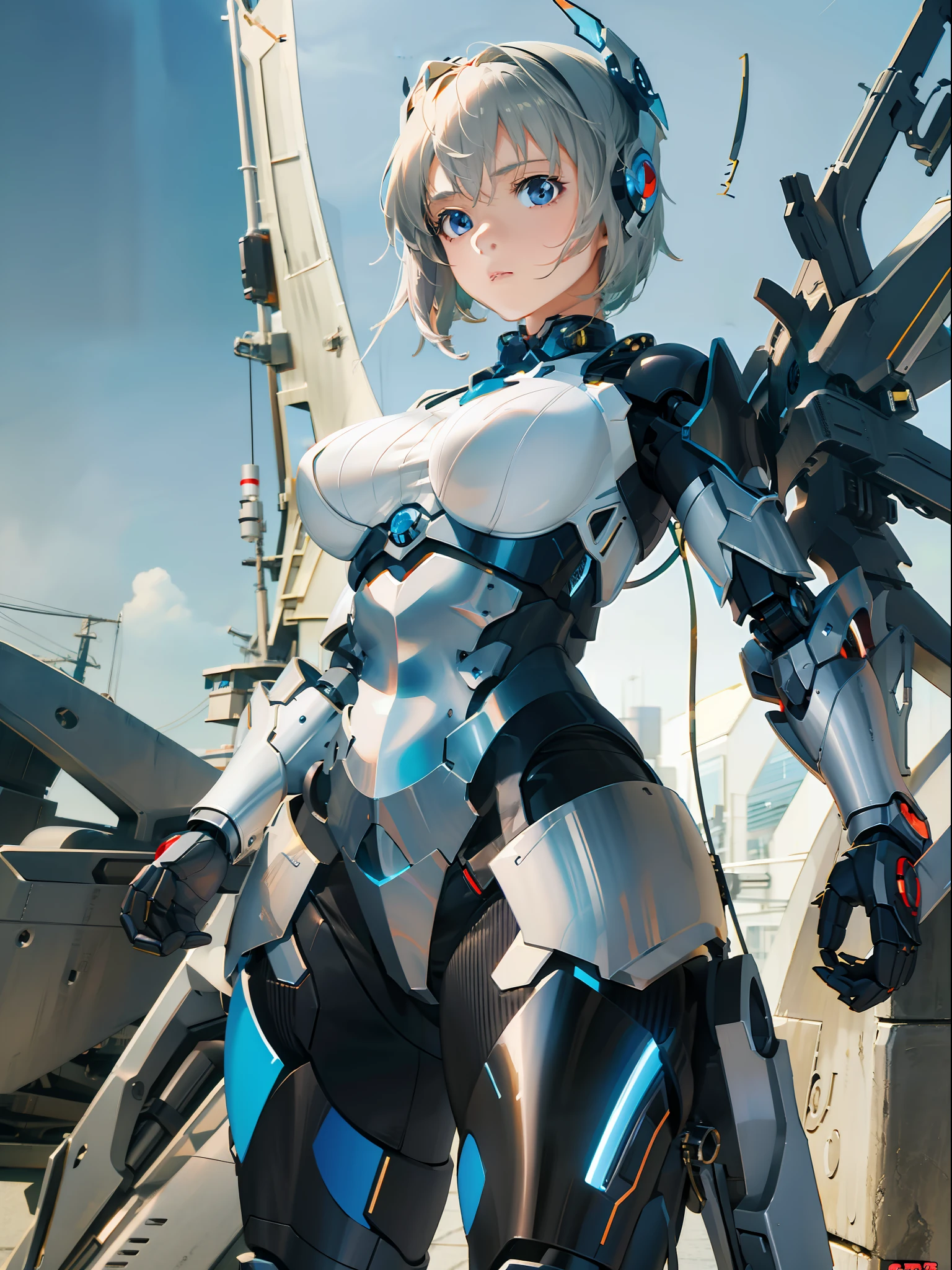 Anime figure, girl in mecha cyber armor, perfect anime cyborg woman,Anime shoujo mecha, female mecha, anime robots, Cute girl with big breasts and deep groove,Anime girl, Best anime 4k , Beautiful woman organic blend, Mecha suit, Beautiful white girl cyborg melancholy expression Rei Ayanami,full metal armor,Stand with your sword in your hands, Zero machine background, Ultra-transparent steel wings, Metal streamer pattern