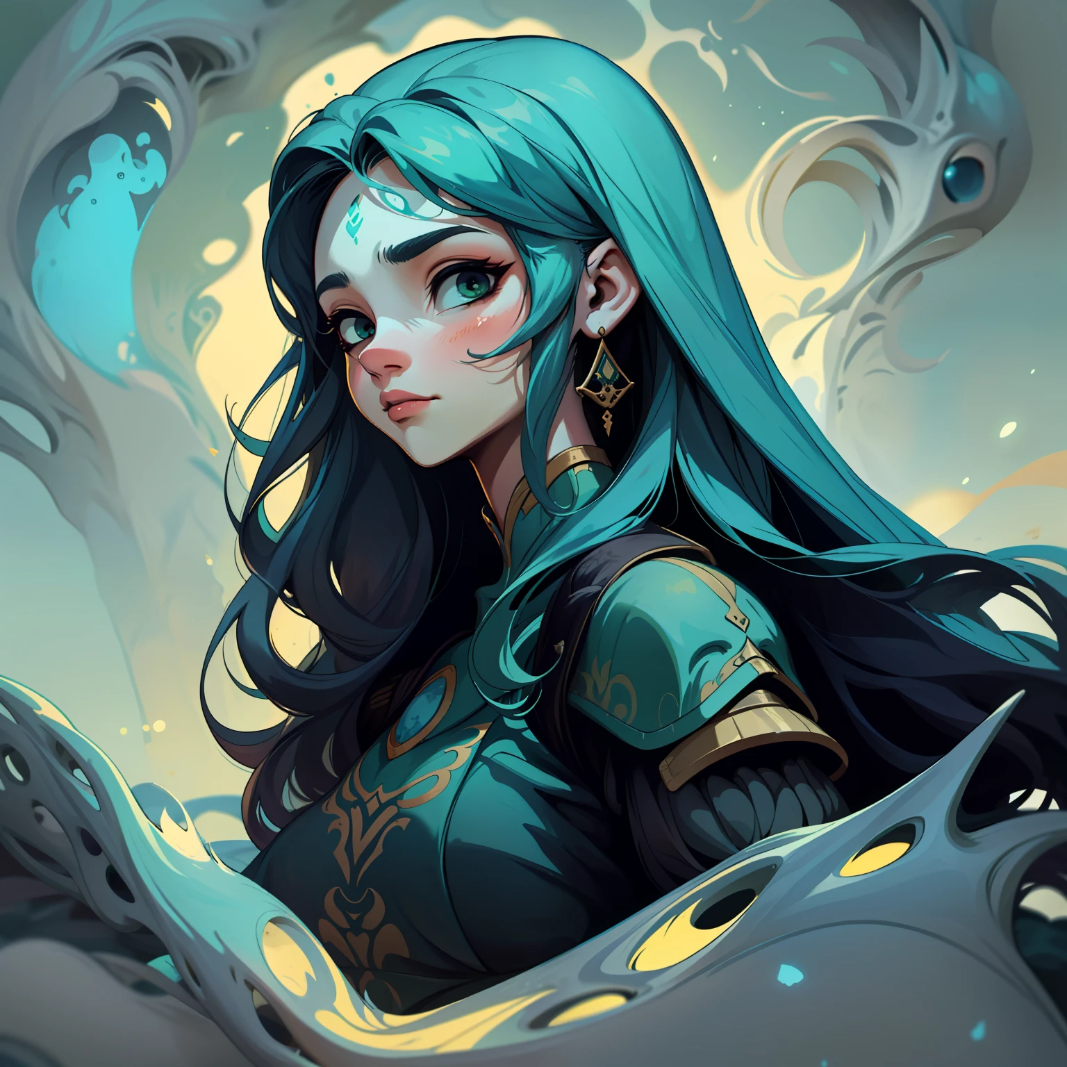 adesivo,1girl, fundo simples, retrato, girl with long hair, beautiful warrior, warrior aesthetic, beautiful girl, very beautiful fantasy art, beautiful and elegant female warrior, beautiful detailed fantasy, blue and green color palate, blue color-theme