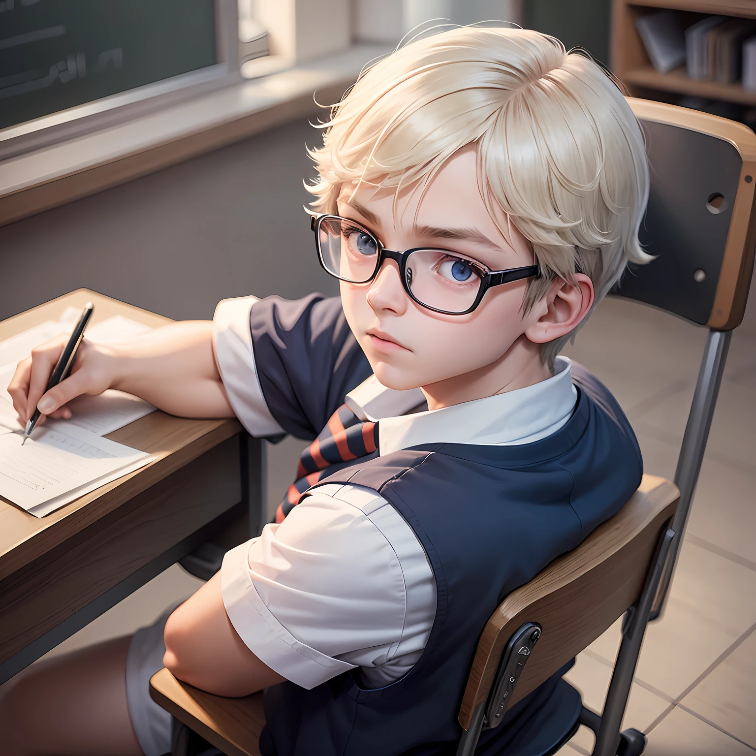 A schoolboy,schoolboy,Wear short sleeves,wears glasses,Sven scum,In serious writing,The location is in the classroom --auto