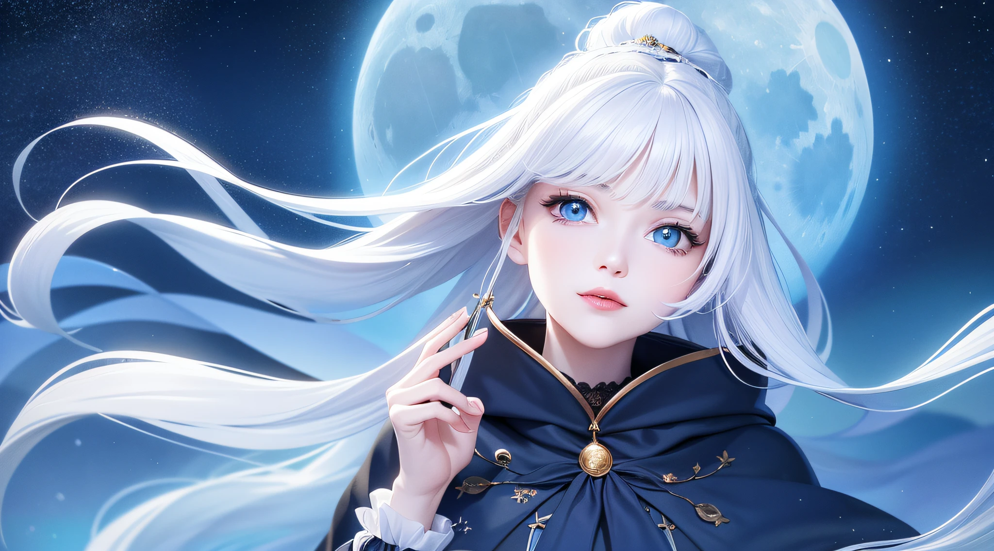 Masterpiece, (Best Quality: 1.2), (Super Fine: 1.2), Illustration, (Extremely Delicate and Beautiful: 1.2), Film Angle, Floating, (Beautiful Detail Eye: 1.1), (Detail Light: 1.1), Film Lights, Delicate Sky, Woman, White Hair, Blue Eyes, (High Ponytail: 1.1), Cloak, Glowing Eyes, (Moon: 1.2), (Moonlight: 1.1), Starry Sky, (Light Particles: 1.1), Fog , snow painting, sketching, blooming