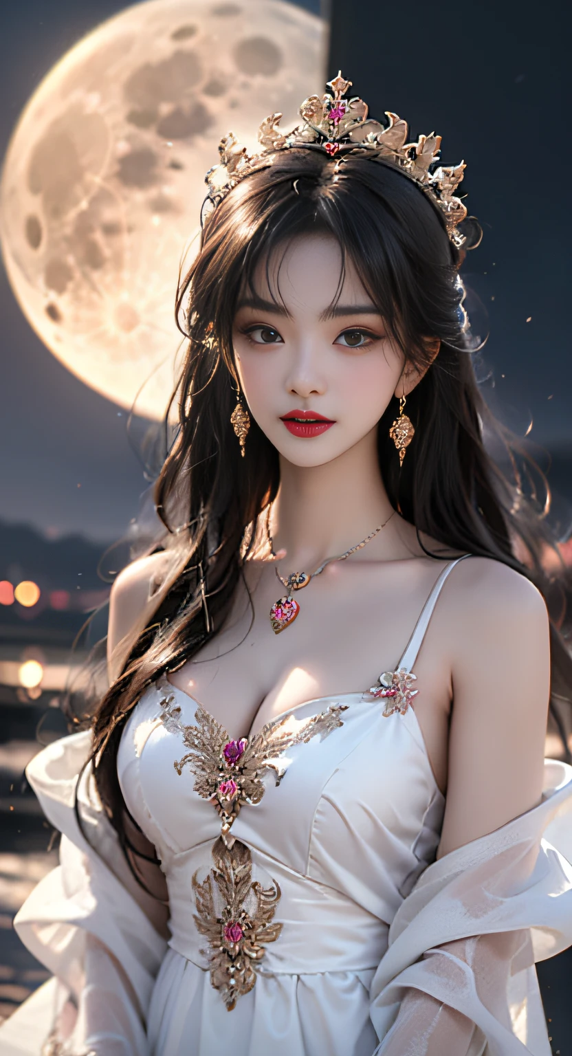 1 adult empress wearing a red lace top, deep-breasted nightgown, Chinese-style clothes, ancient costumes with many phoenix patterns, flawless pink and white face, crowned head, hip-length black hair , very beautiful and sharp brown eyes, small red lips, painted lips, closed mouth, jewelry worn around the neck, earrings, white and even teeth, high nose, big round breasts, the girl's body is covered with water on chest, long legs, thin mesh black socks, portrait, most realistic, highest quality, best pixels, 8k ultra , (clear super big moon background: 1.8)