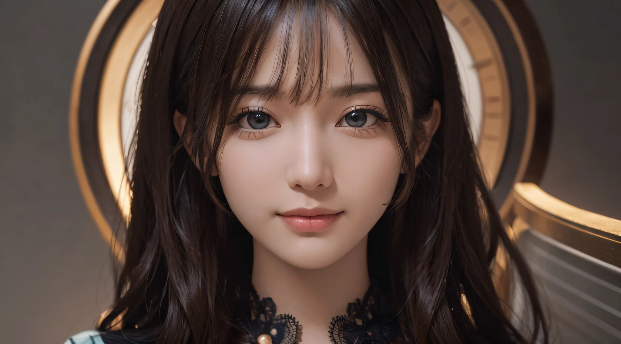 (Ultra Realistic), (Illustration), (Increased Resolution), (8K), (Extremely Detailed), (Best Illustration), (Beautiful and Detailed Eyes), (Best Quality), (Ultra Detailed), (Masterpiece ), ( wallpaper), (detailed face), solo, 1 girl, looking at viewer, fine details, detailed face, in the dark, deep shadows, low key, pureerosfaceace_v1, smiling, long hair, black shawl straight hair , 46 points oblique bangs
