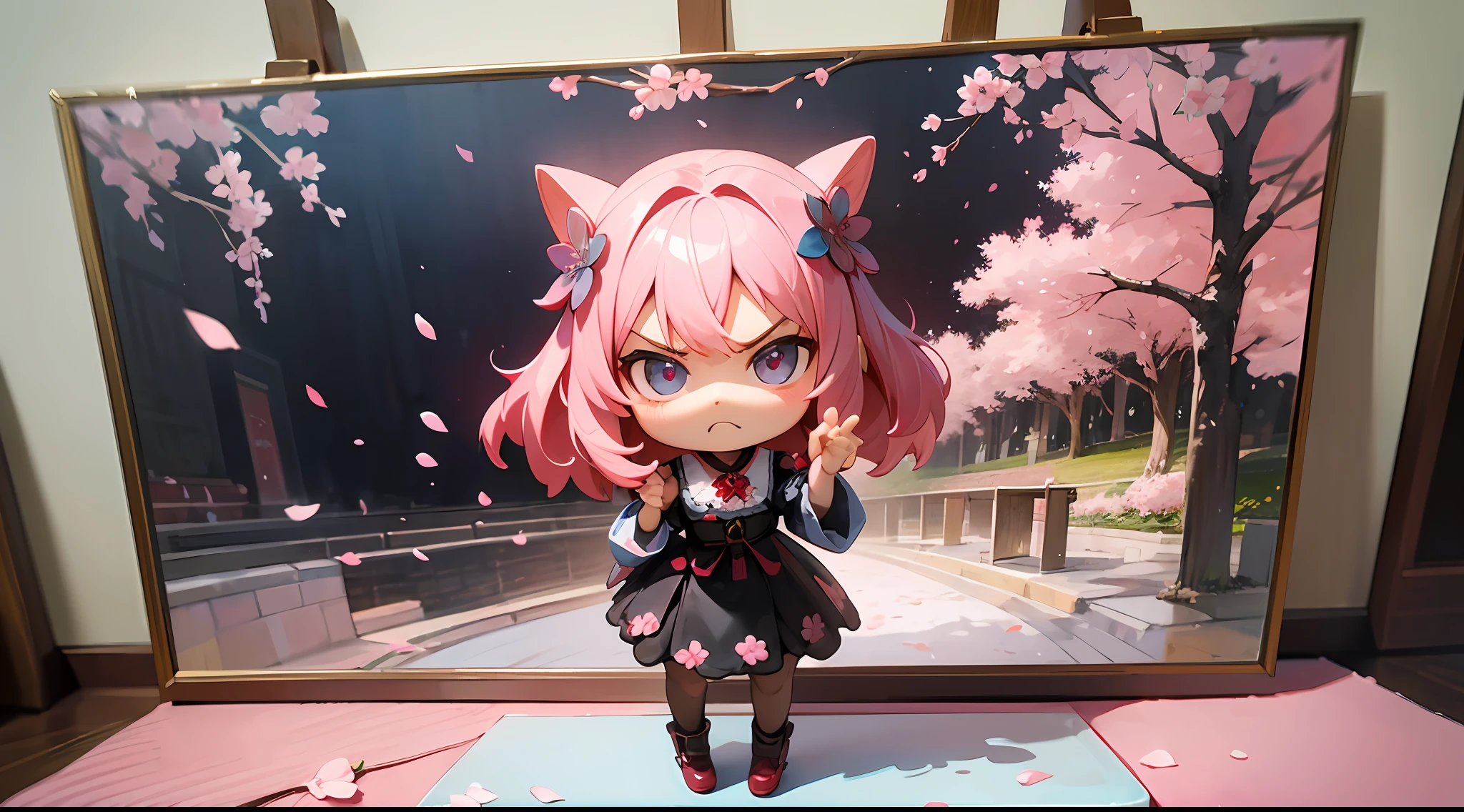 photoRealstic、Doll standing in front of the painting、bionde、angry looking face、Sengai、pixiv、rokoko、dollfie dream、watercolor Nendoroid、(High Definition Figure)、flowing sakura-colored silk、nendroid、highly_Detailed!!,Cherry blossom petals、Flowing cherry blossom silk、season!!: 🌸 ☀ 🍂 ❄